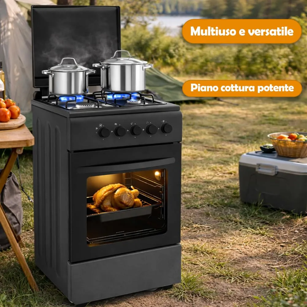 BAKAJI Cucina da Esterno a Gas con Forno e 4 Fuochi, Griglie in Ghisa, Nero - immagine 2