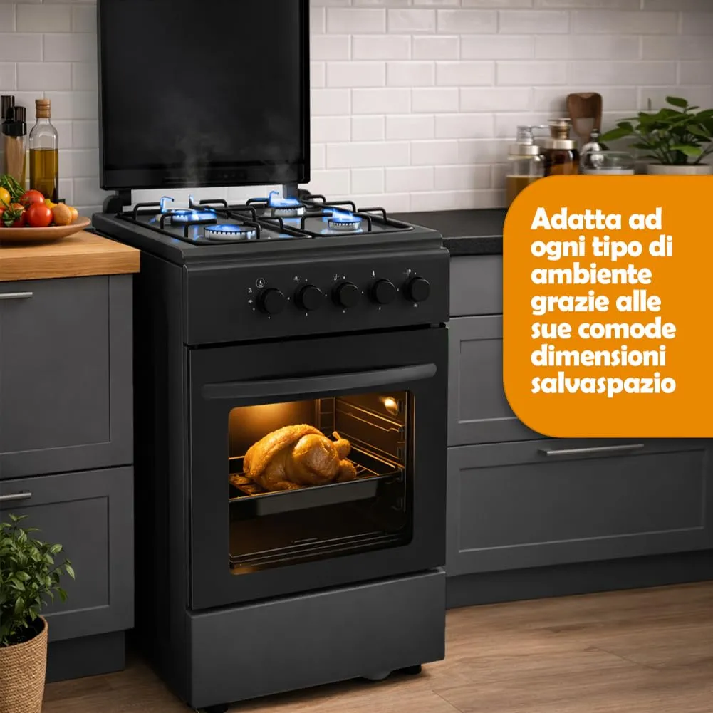 BAKAJI Cucina da Esterno a Gas con Forno e 4 Fuochi, Griglie in Ghisa, Nero - immagine 3