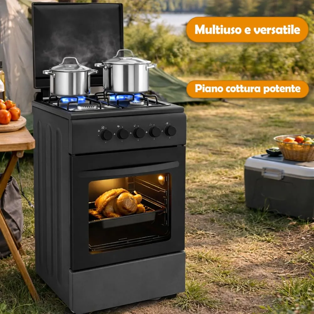 BAKAJI Cucina da Esterno a Gas con Forno e 4 Fuochi, Griglie in Ghisa, Nero - immagine 4