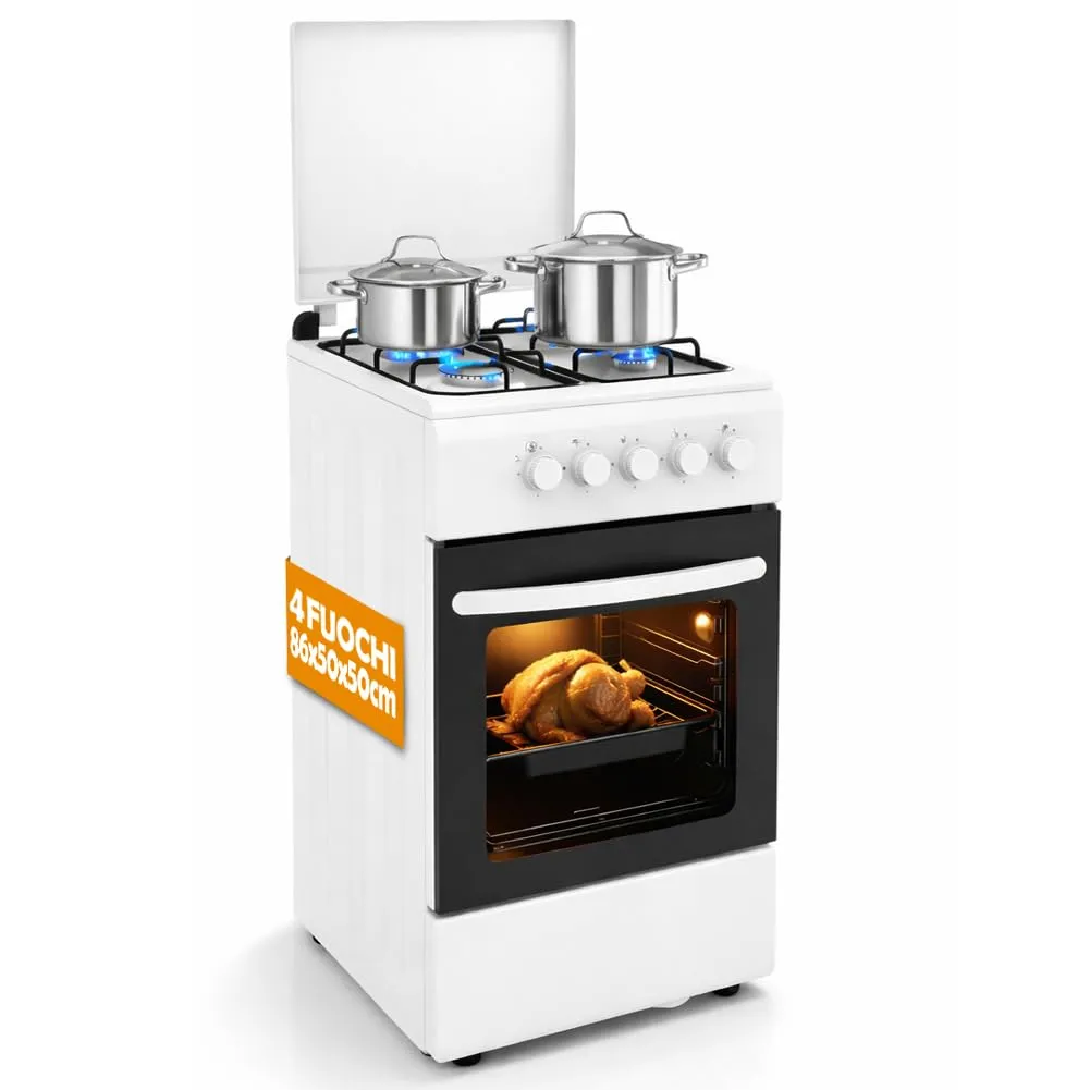 BAKAJI Cucina a Gas con Forno e 4 Fuochi, Griglie in Ghisa e Mobile, Bianco - immagine 1