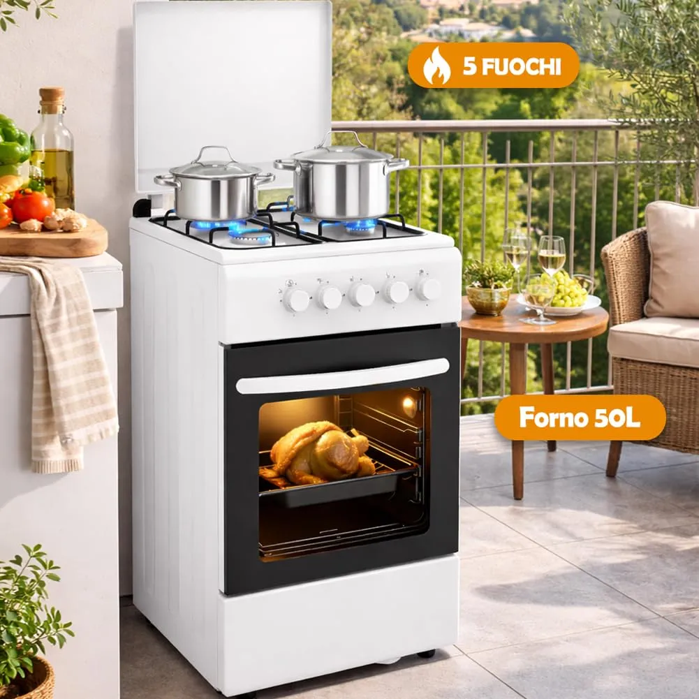 BAKAJI Cucina a Gas con Forno e 4 Fuochi, Griglie in Ghisa e Mobile, Bianco - immagine 2