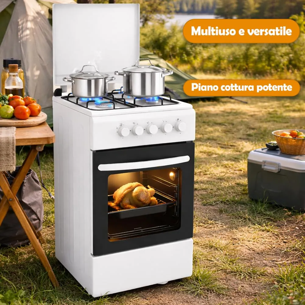 BAKAJI Cucina a Gas con Forno e 4 Fuochi, Griglie in Ghisa e Mobile, Bianco - immagine 3