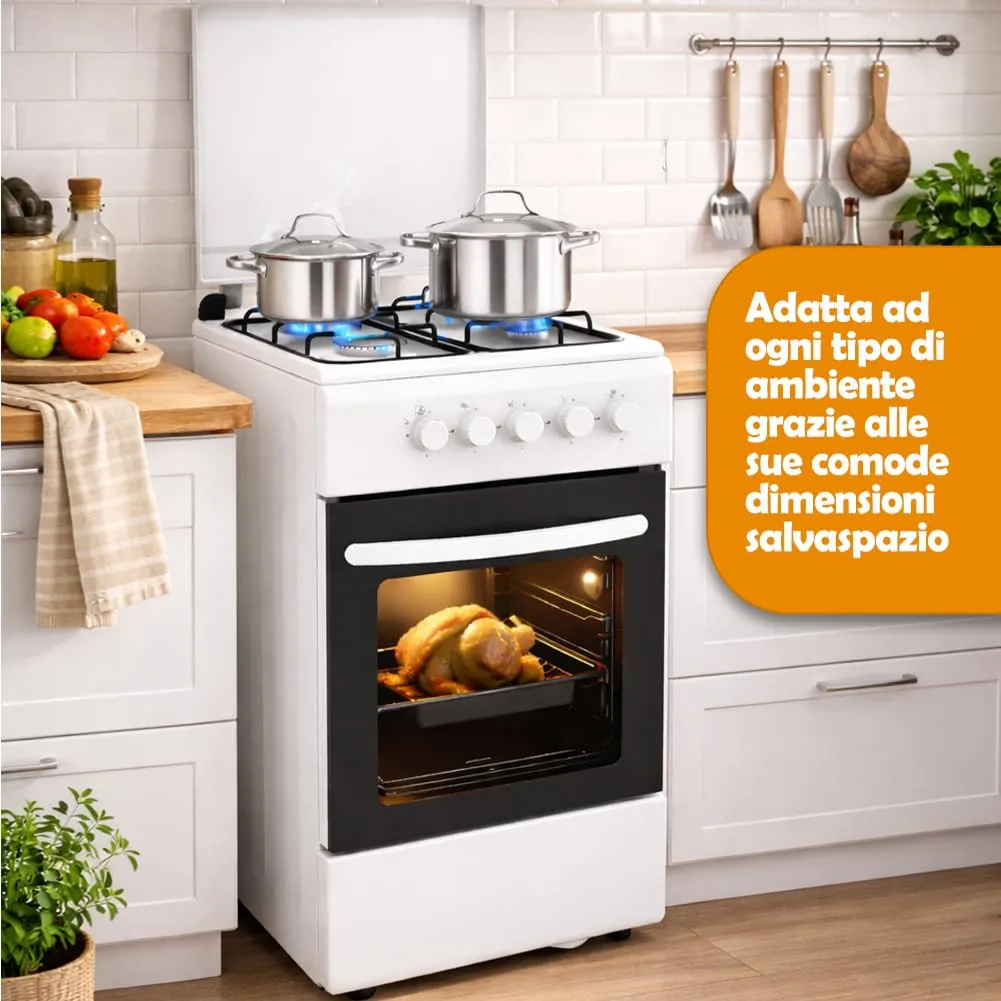 BAKAJI Cucina a Gas con Forno e 4 Fuochi, Griglie in Ghisa e Mobile, Bianco - immagine 4