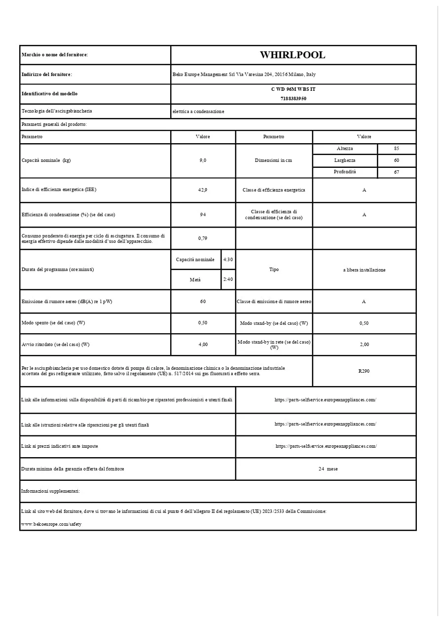 Whirlpool CWD96MWBSIT Asciugatrice a libera installazione, 9 kg, Classe Energetica A, Bianco - immagine 7