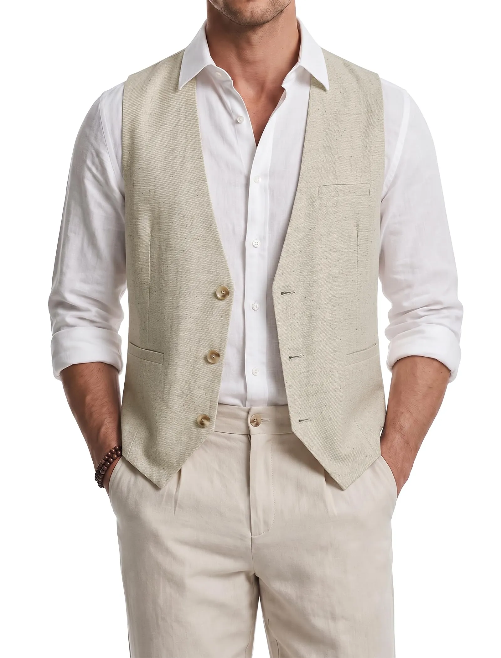 HISDERN Gilet da Uomo in Lino Tinta Unita, Beige, S - immagine 1