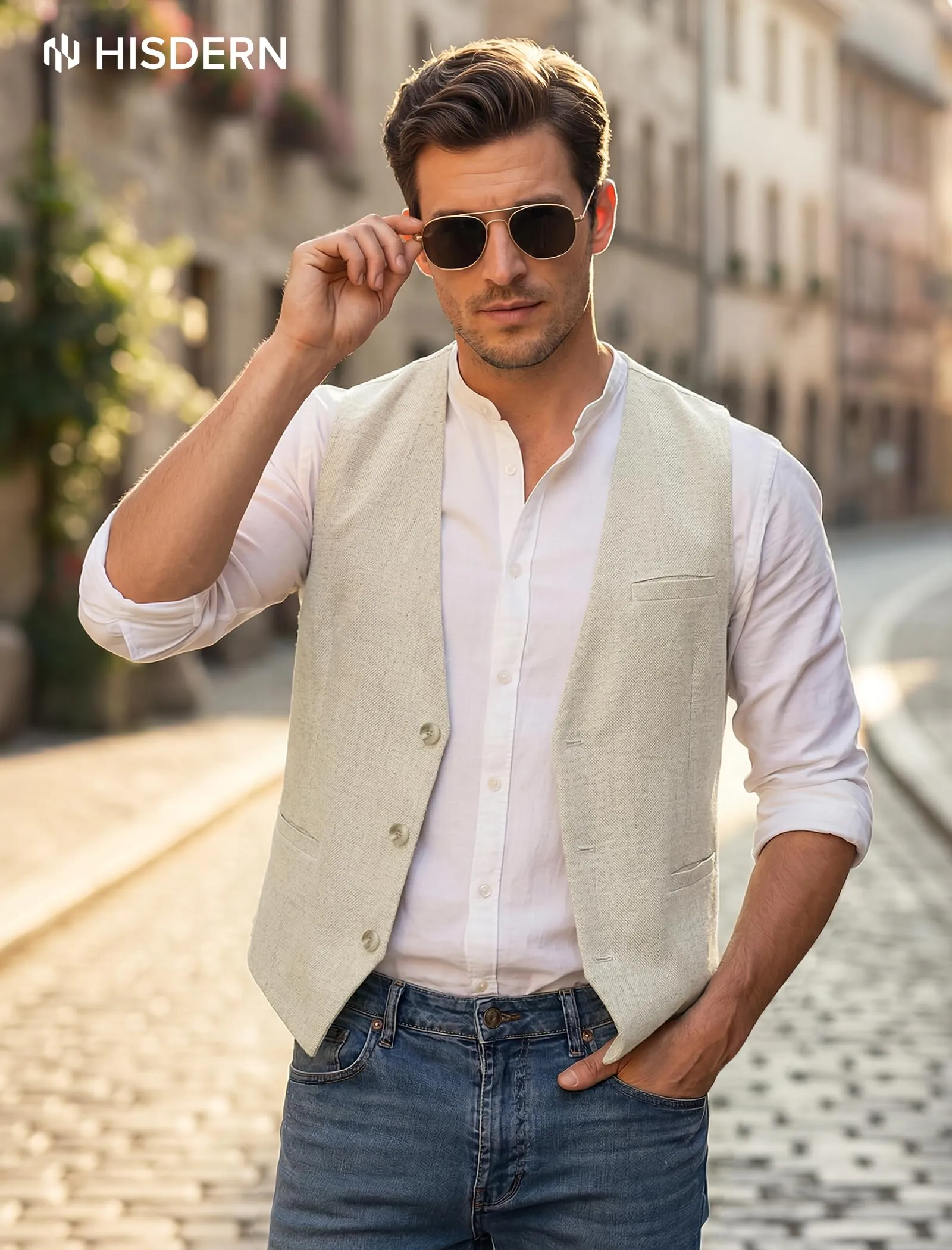 HISDERN Gilet da Uomo in Lino Tinta Unita, Beige, S - immagine 3