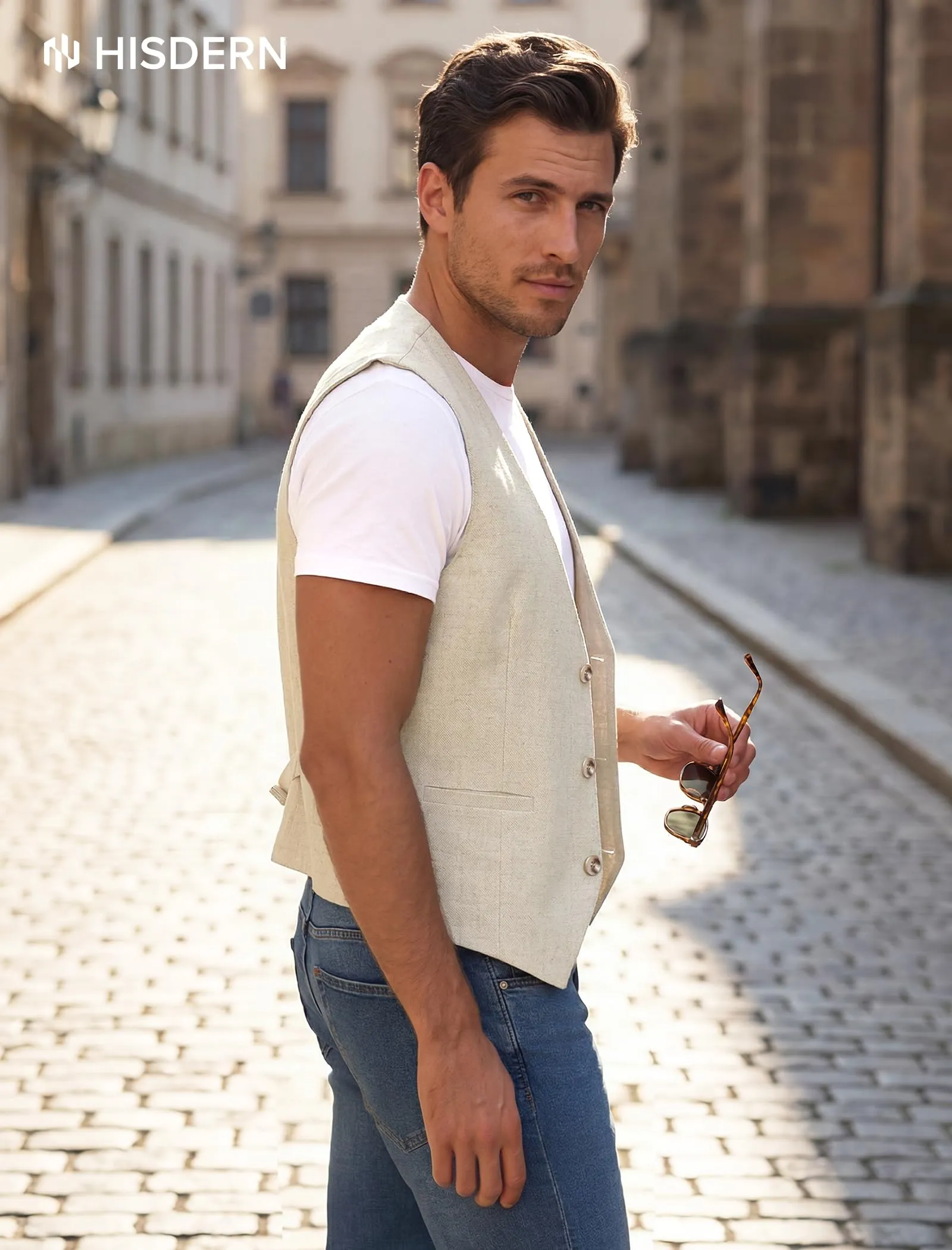 HISDERN Gilet da Uomo in Lino Tinta Unita, Beige, S - immagine 8