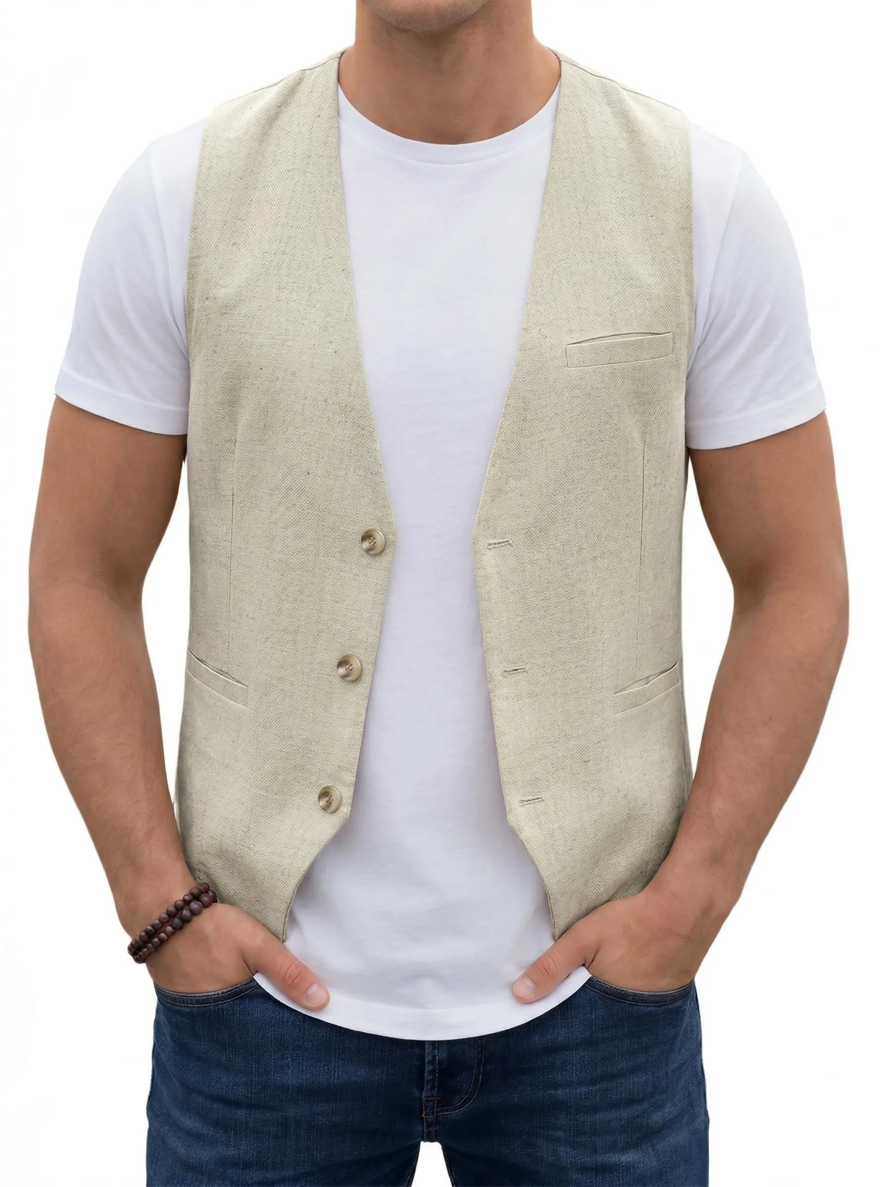 HISDERN Gilet da Uomo in Lino Tinta Unita, Beige, S - immagine 9