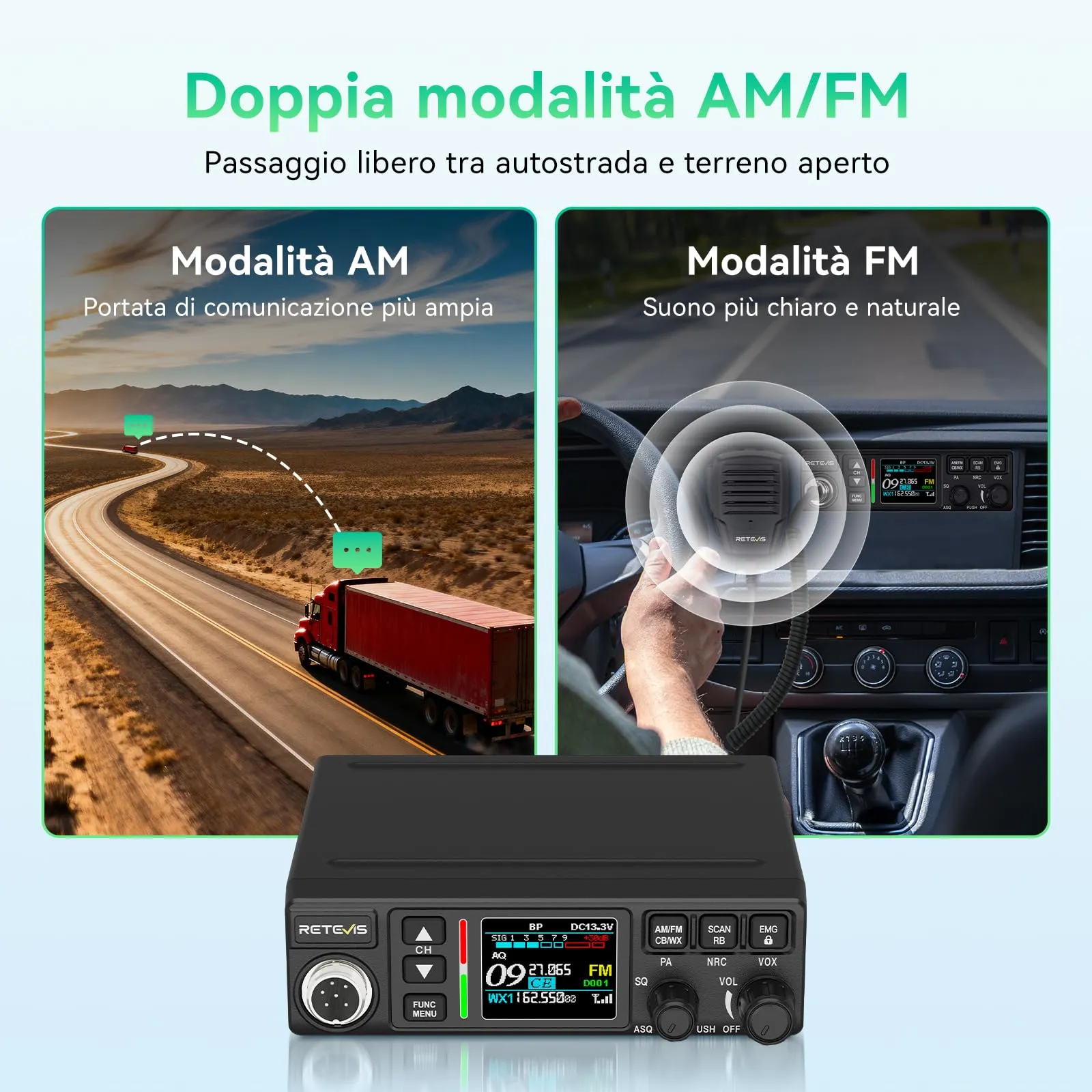 Retevis MB63B Radio CB Portatile AM/FM con NRC, Display LCD Colori, VOX, 40 Canali, 12V/24V, Nero - immagine 2