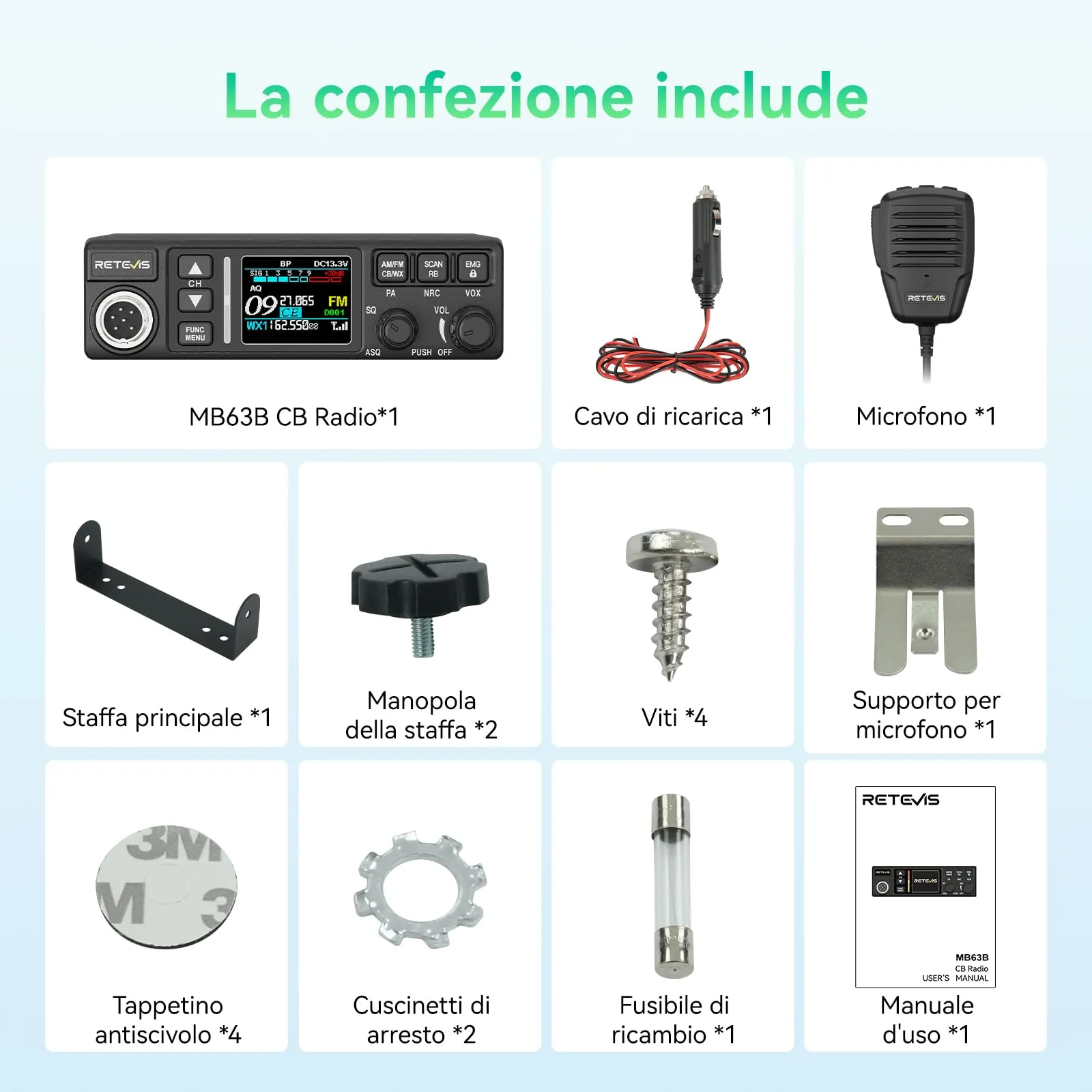 Retevis MB63B Radio CB Portatile AM/FM con NRC, Display LCD Colori, VOX, 40 Canali, 12V/24V, Nero - immagine 9