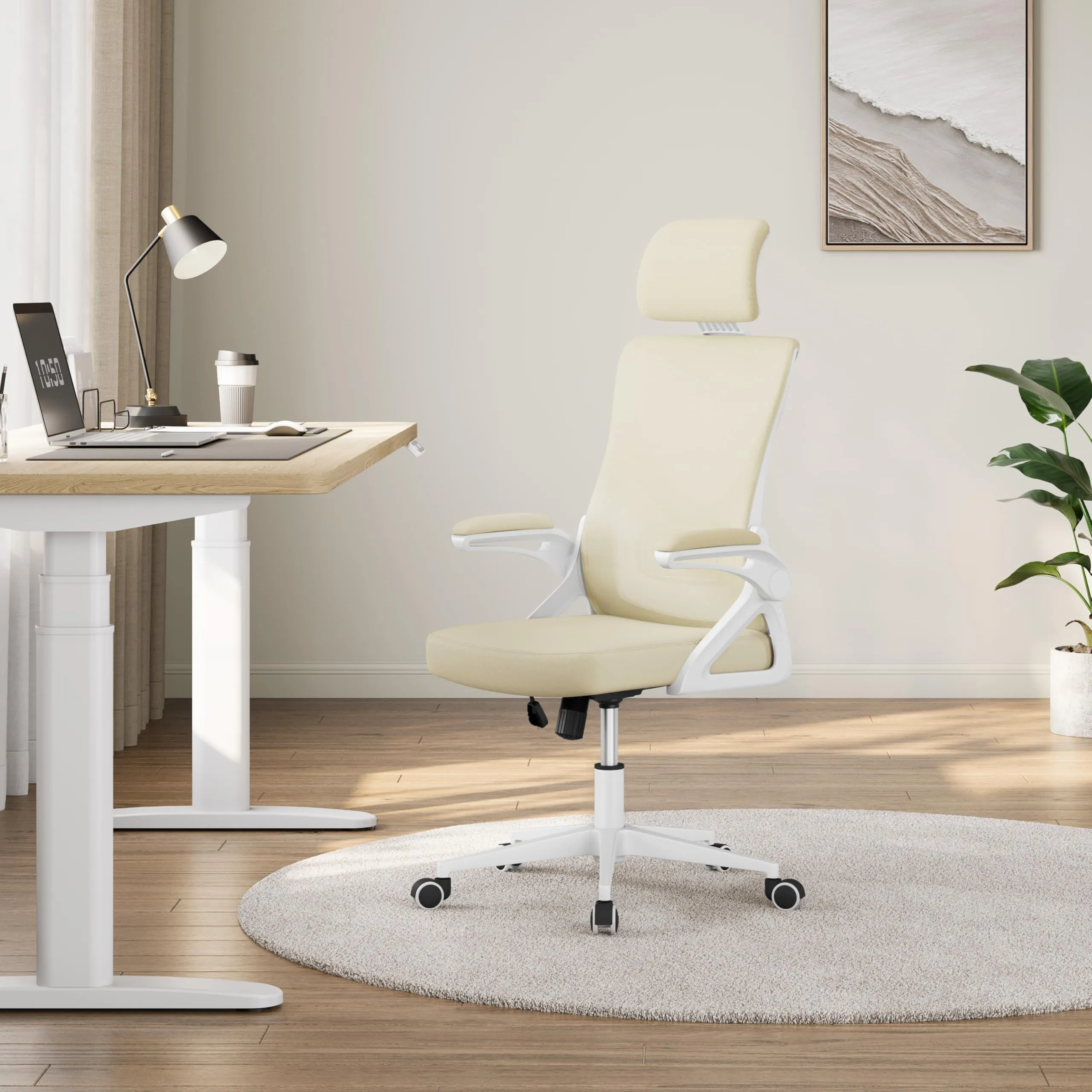 Yaheetech Sedia da Ufficio Ergonomica con Supporto Lombare, Beige - immagine 2