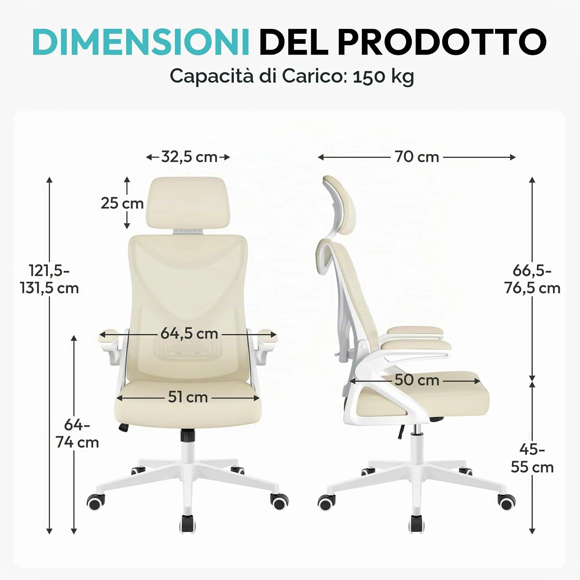 Yaheetech Sedia da Ufficio Ergonomica con Supporto Lombare, Beige - immagine 3