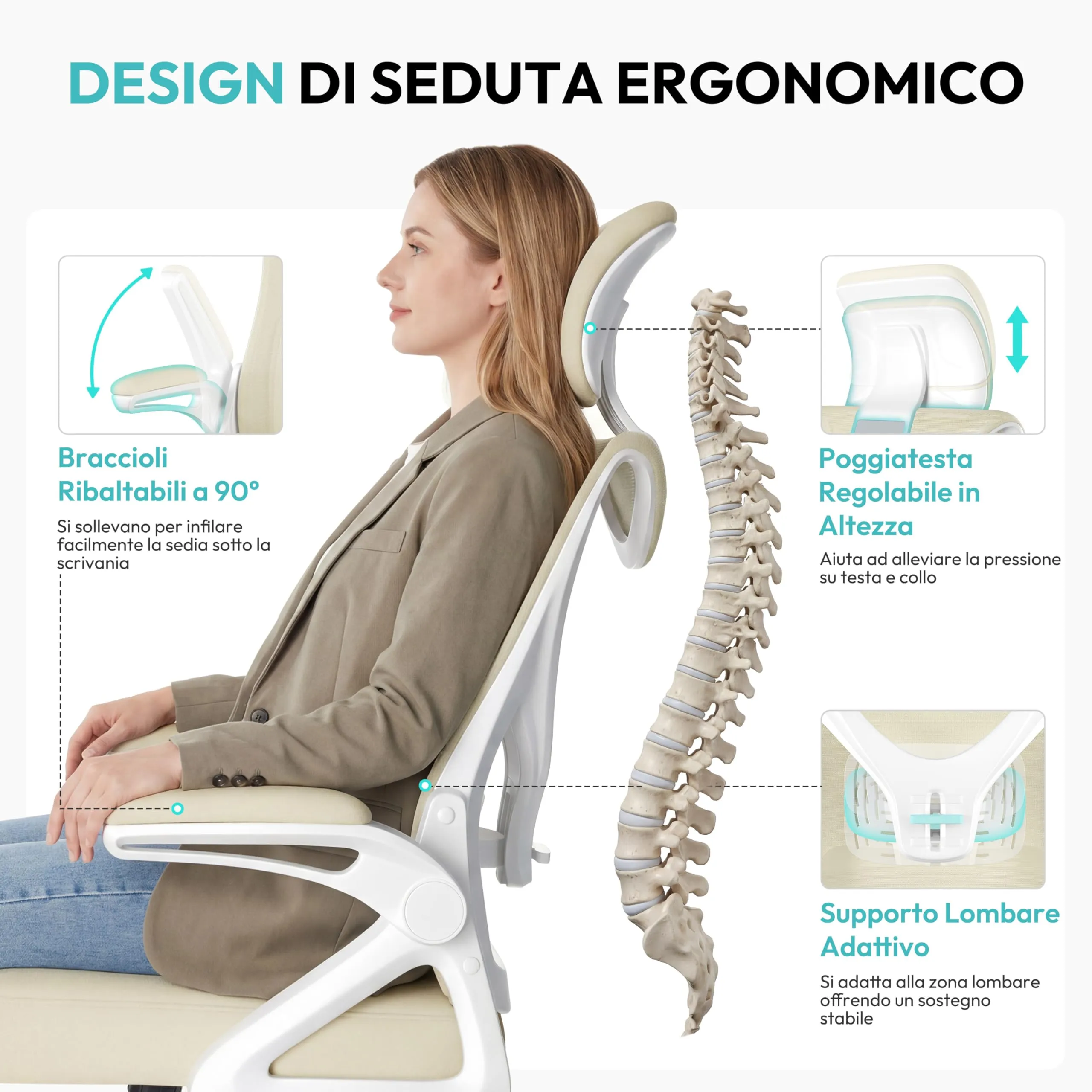 Yaheetech Sedia da Ufficio Ergonomica con Supporto Lombare, Beige - immagine 4