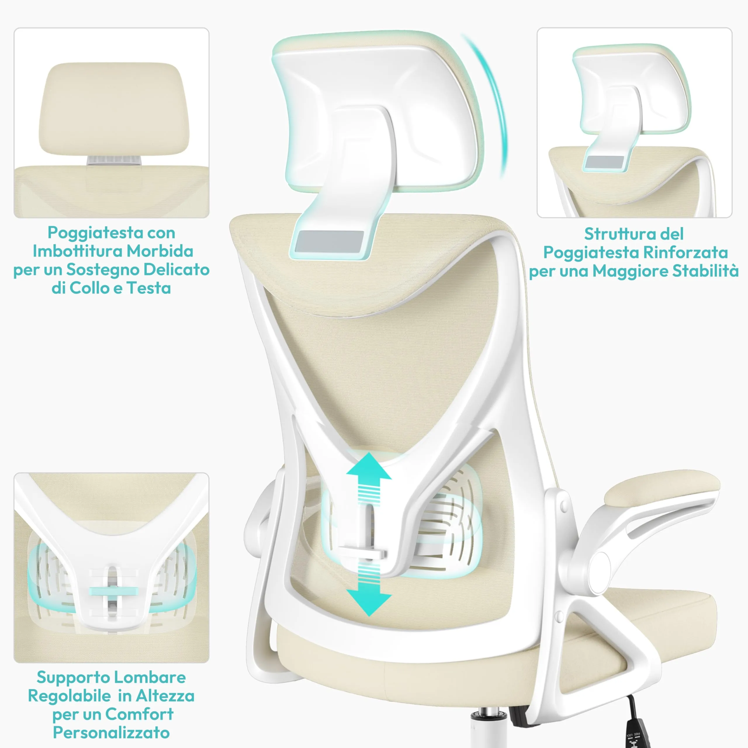 Yaheetech Sedia da Ufficio Ergonomica con Supporto Lombare, Beige - immagine 6