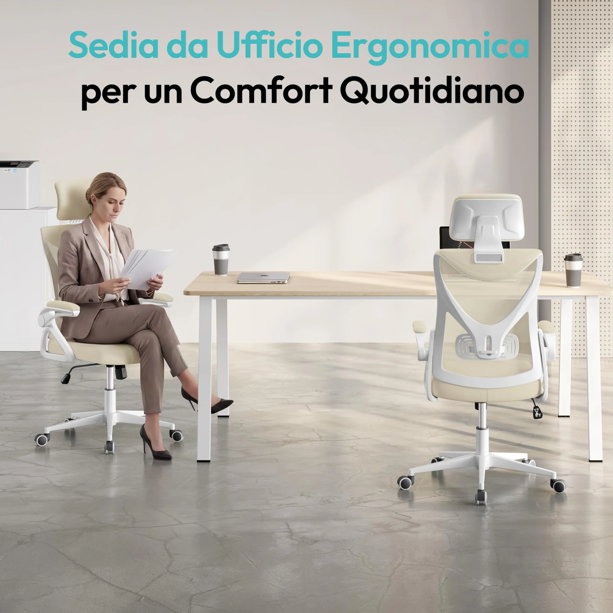 Yaheetech Sedia da Ufficio Ergonomica con Supporto Lombare, Beige - immagine 7