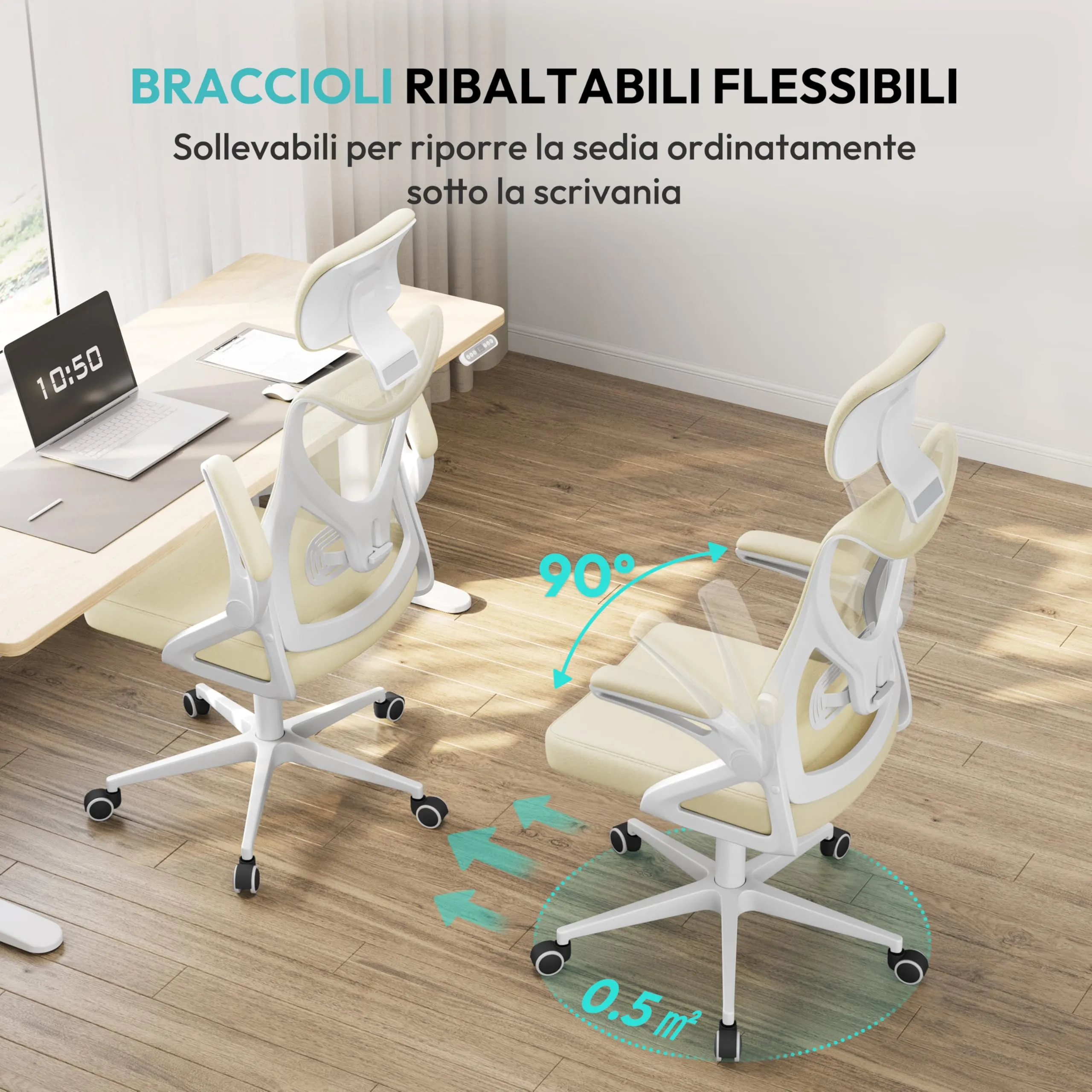 Yaheetech Sedia da Ufficio Ergonomica con Supporto Lombare, Beige - immagine 8