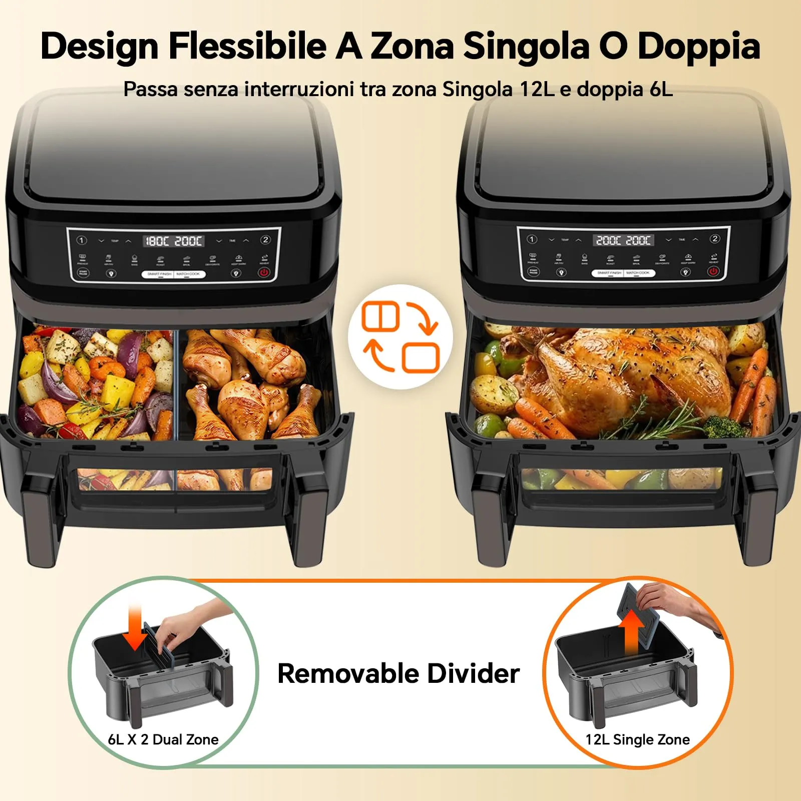 Emphsism Friggitrice ad Aria 12L XXL, 2600W, Doppia Resistenza, Modalità 1 o 2 Zone, Finestra e Luce Interna, 8-in-1 Touch Control - immagine 2