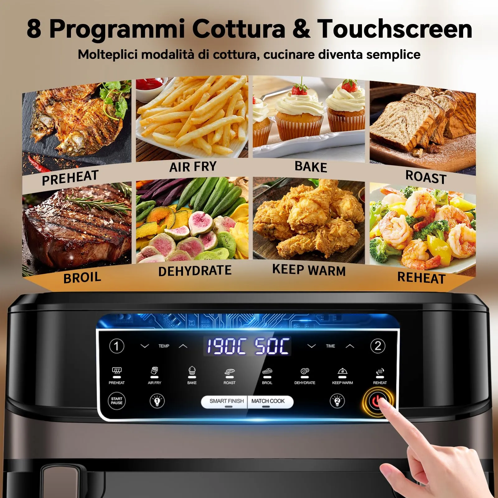 Emphsism Friggitrice ad Aria 12L XXL, 2600W, Doppia Resistenza, Modalità 1 o 2 Zone, Finestra e Luce Interna, 8-in-1 Touch Control - immagine 4