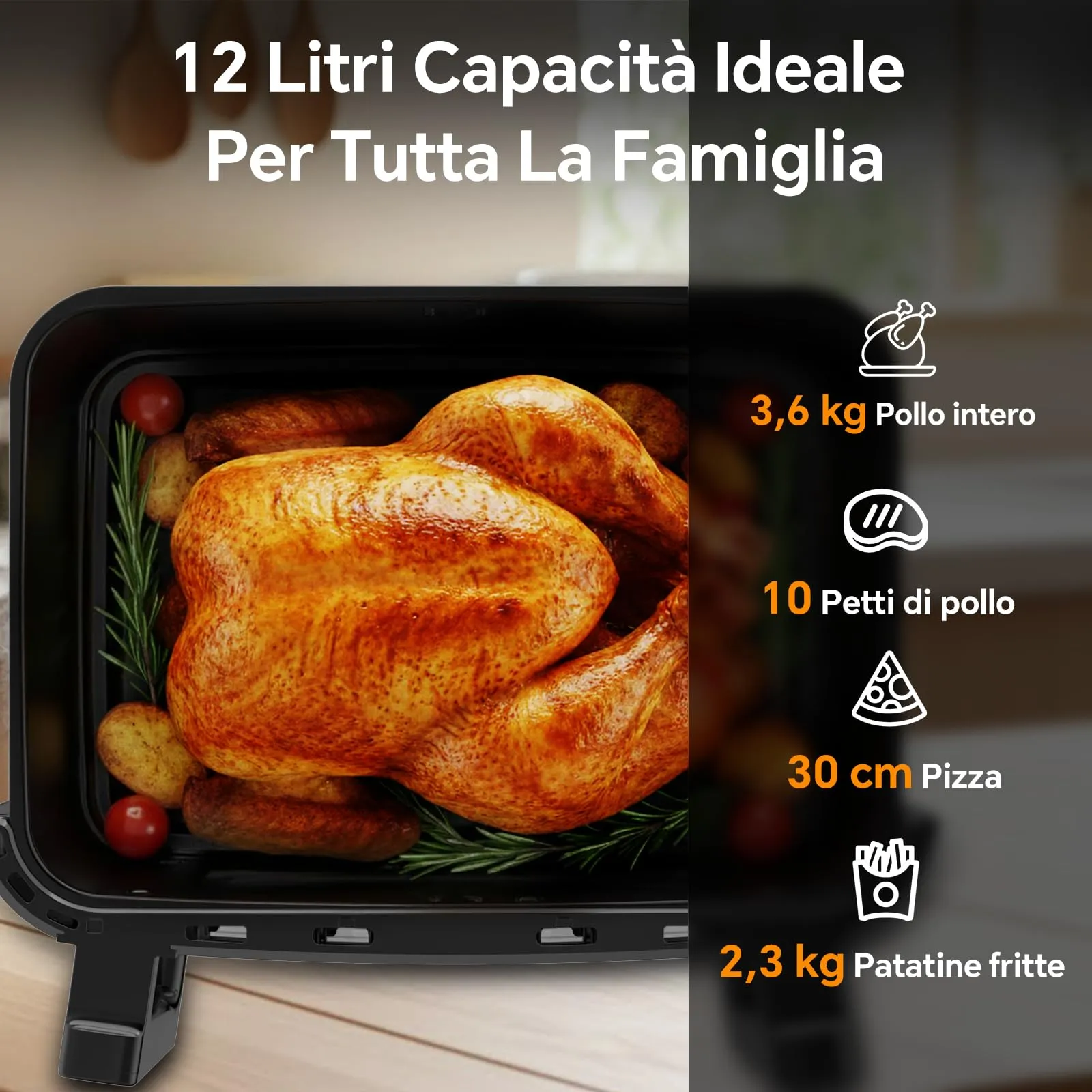 Emphsism Friggitrice ad Aria 12L XXL, 2600W, Doppia Resistenza, Modalità 1 o 2 Zone, Finestra e Luce Interna, 8-in-1 Touch Control - immagine 6
