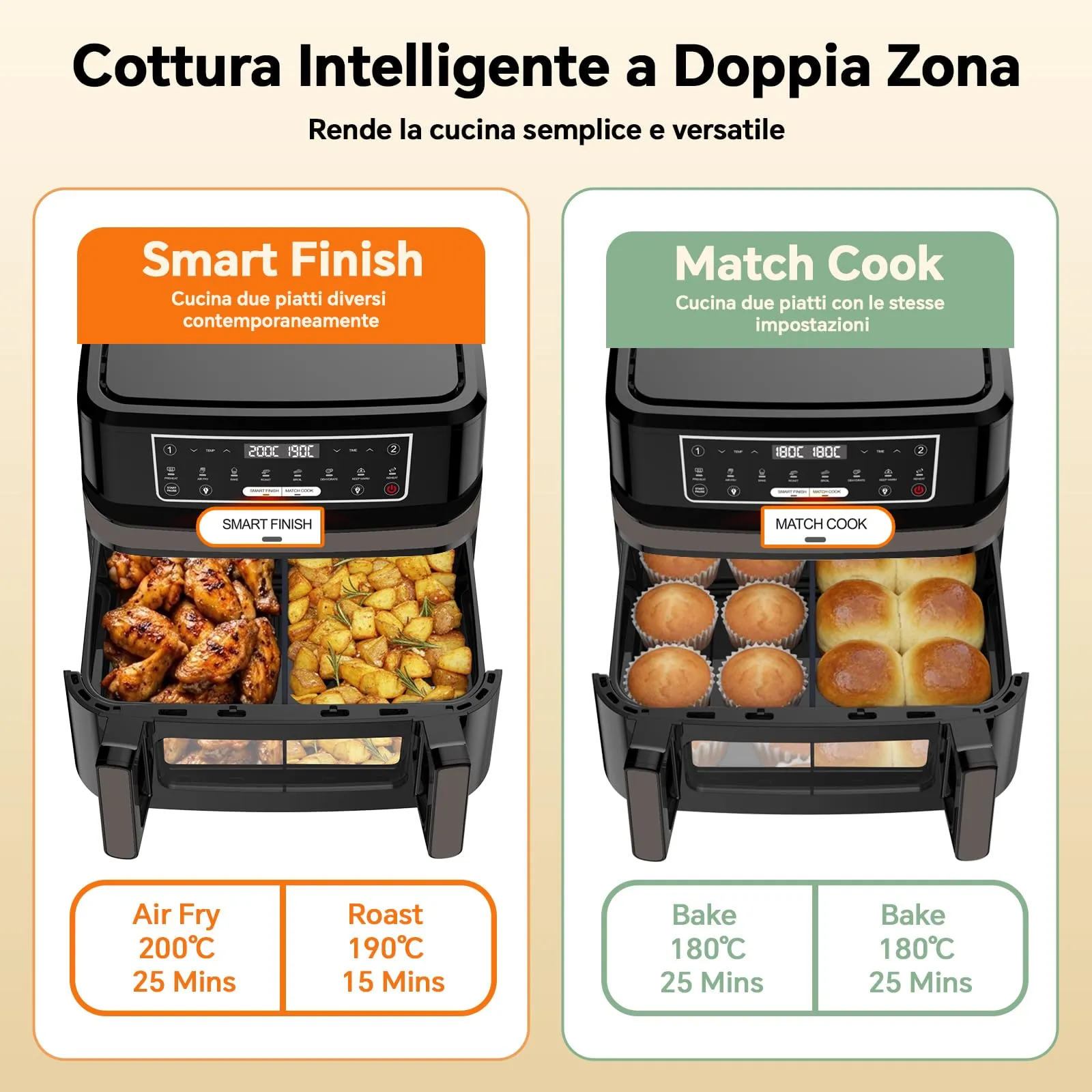 Emphsism Friggitrice ad Aria 12L XXL, 2600W, Doppia Resistenza, Modalità 1 o 2 Zone, Finestra e Luce Interna, 8-in-1 Touch Control - immagine 7