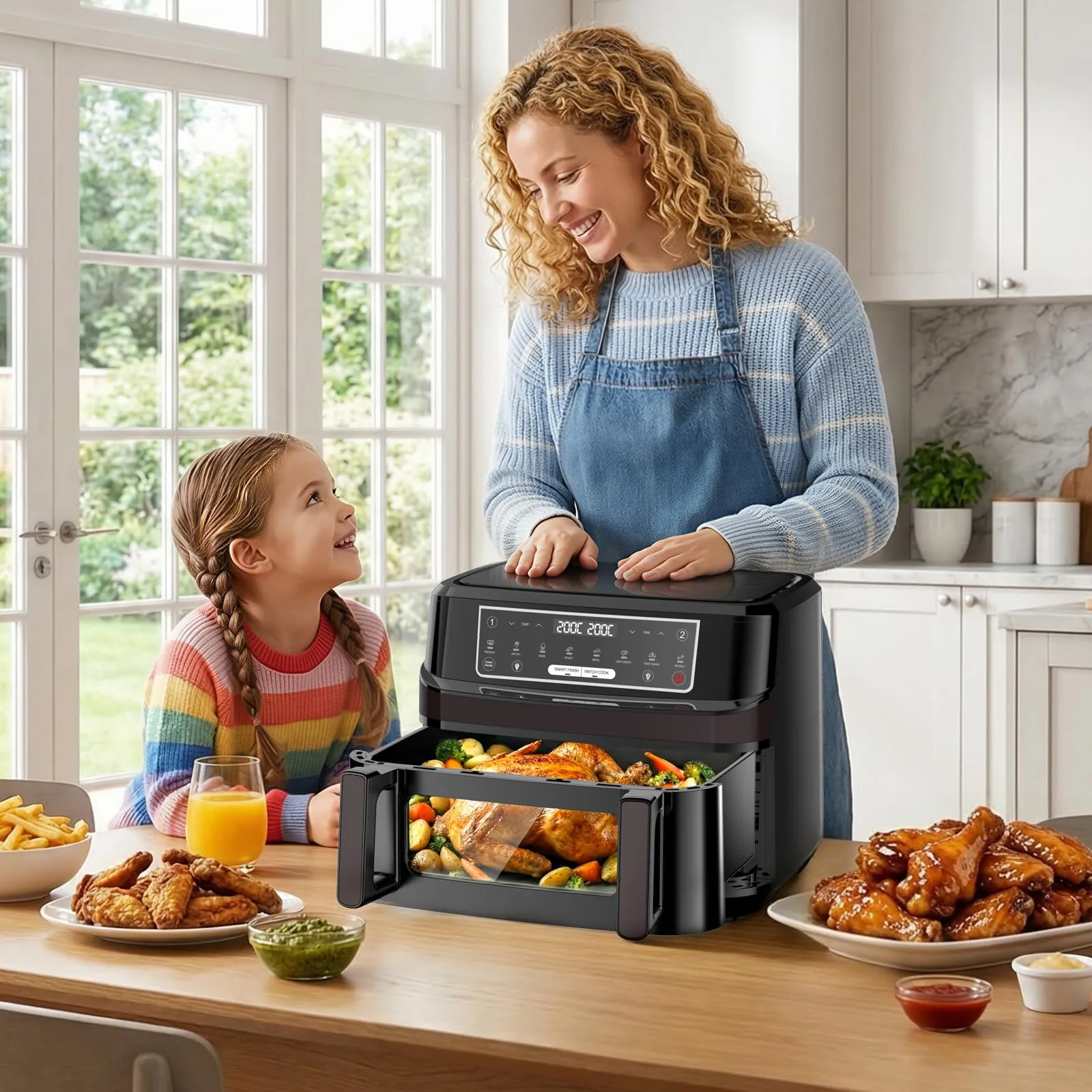 Emphsism Friggitrice ad Aria 12L XXL, 2600W, Doppia Resistenza, Modalità 1 o 2 Zone, Finestra e Luce Interna, 8-in-1 Touch Control - immagine 8