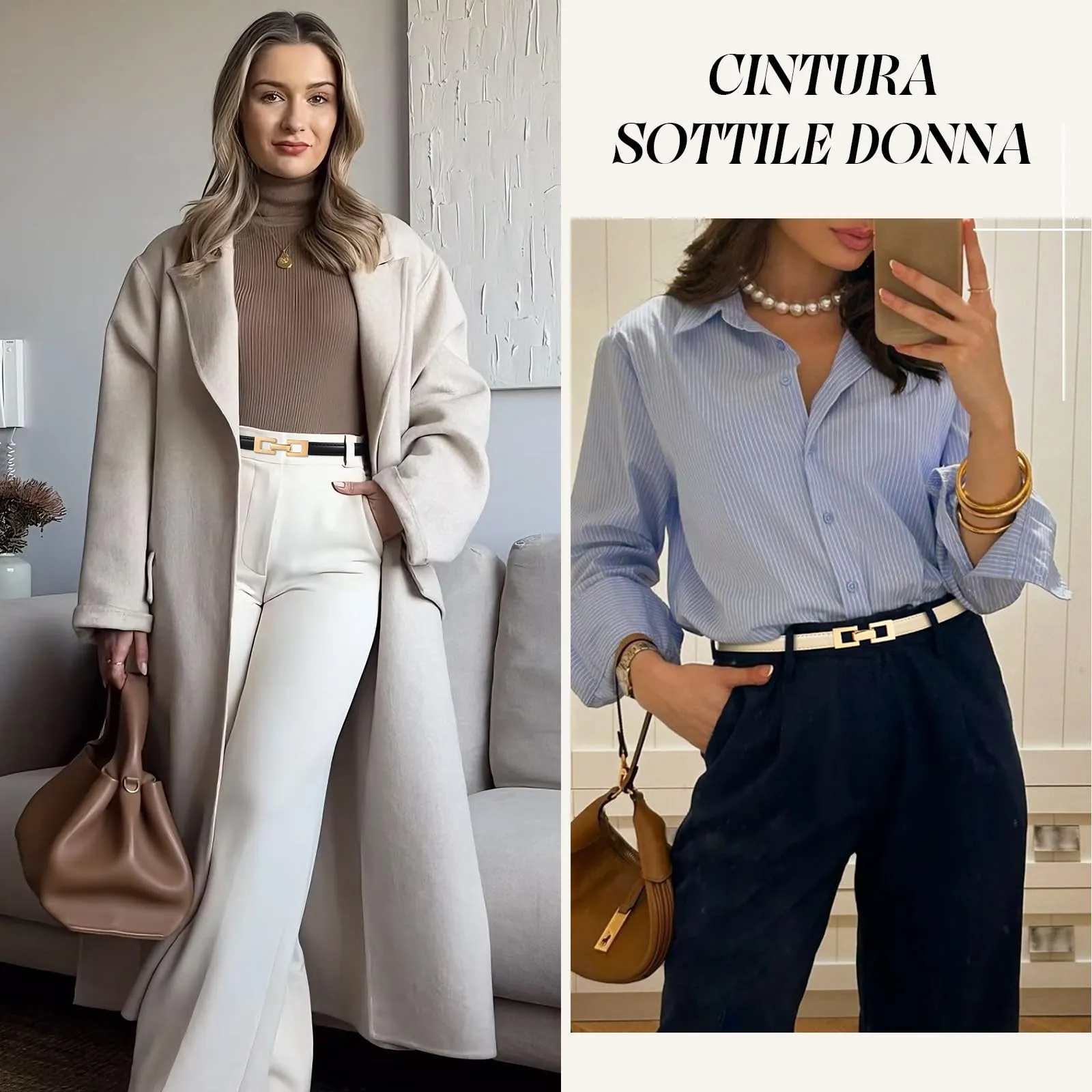 LEACOOLKEY Cintura Donna Sottile in Pelle con Fibbia Dorata, 1,5 cm, Beige, 120cm - immagine 3