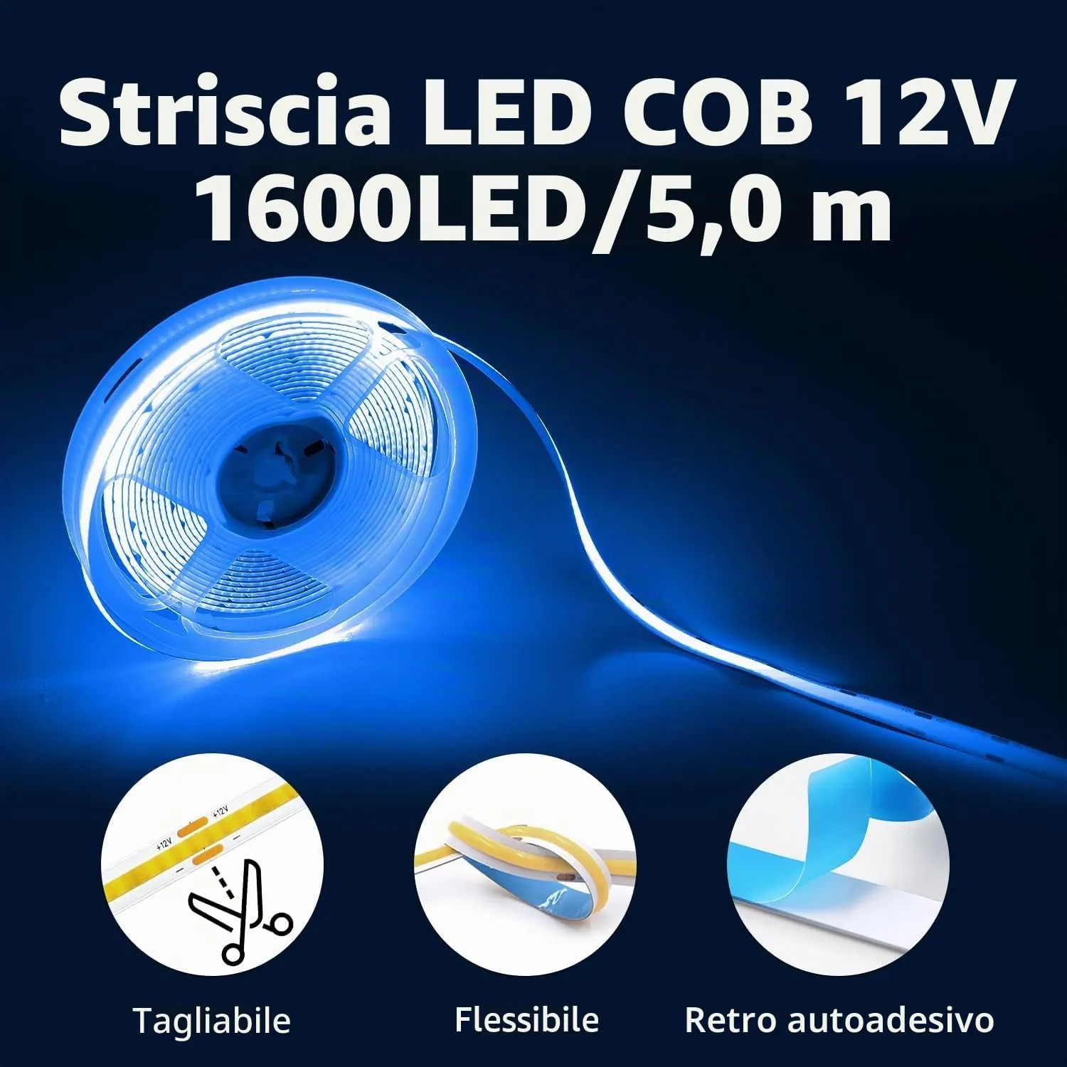 ShineBurky Striscia LED COB 5m Blu, 12V CRI93+ - immagine 4
