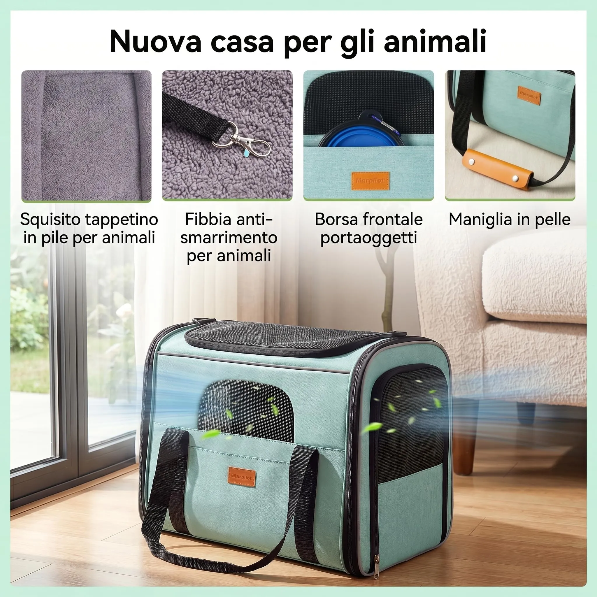 Morpilot Trasportino per Gatti e Cani fino a 7 kg, Pieghevole, 44x31x34cm, Turchese - immagine 5