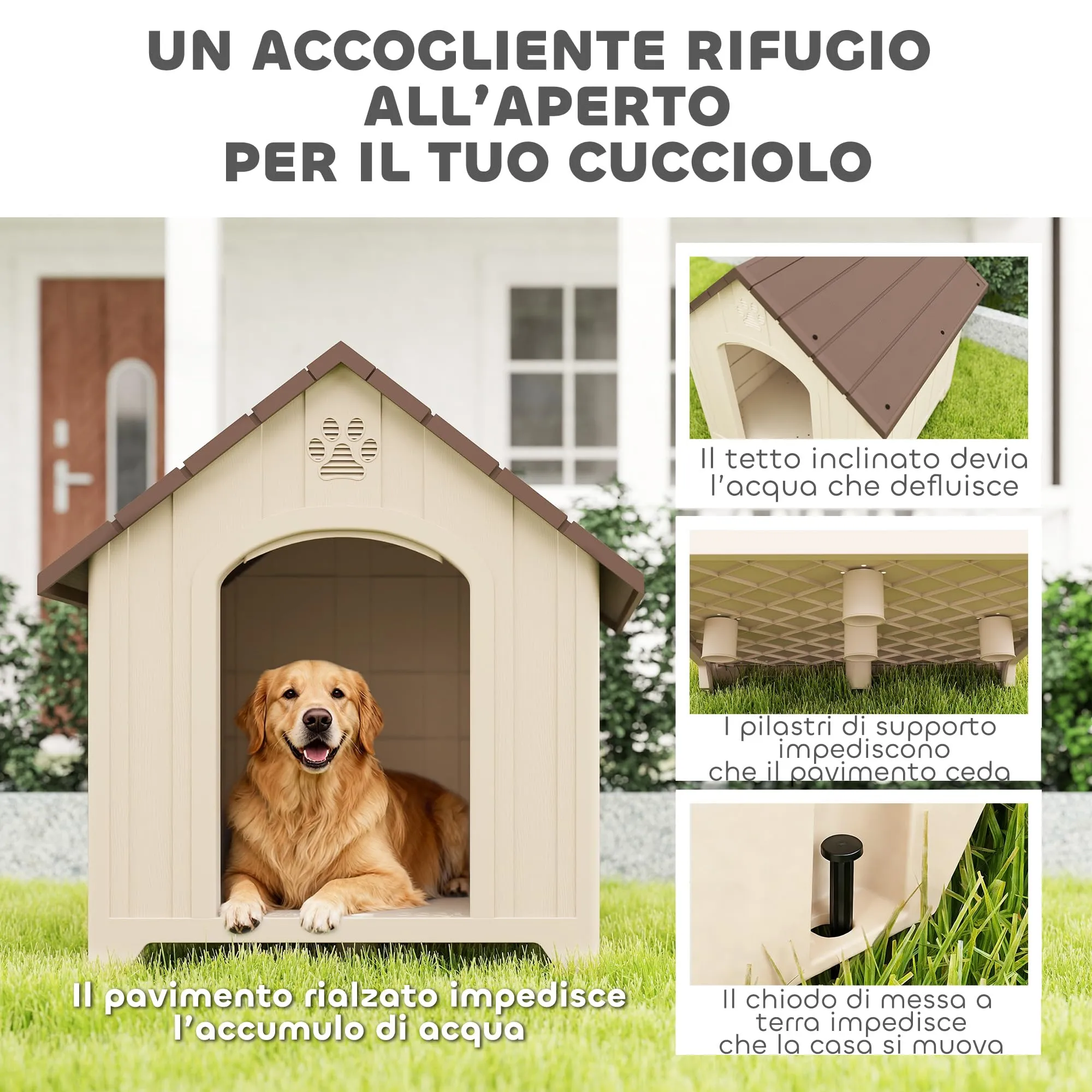 PawHut Cuccia per Cani da Esterno, Taglia Media/Grande, 88x78x89 cm, Beige - immagine 3