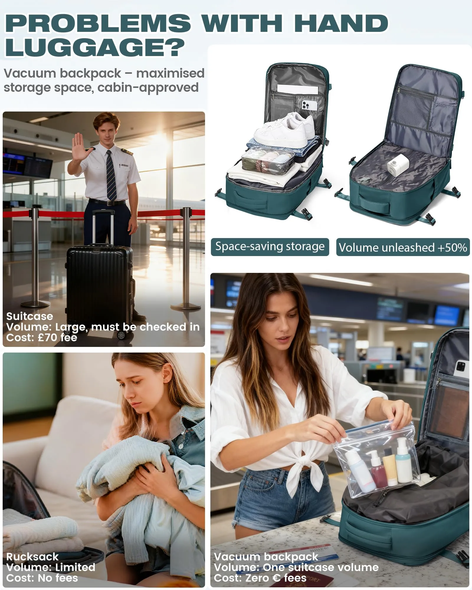 SZLX Zaino da Viaggio Sottovuoto con Pompa per Ryanair 40x30x20, Wizzair, Easyjet, scomparto Laptop 14 Pollici e Porta Scarpe - immagine 4