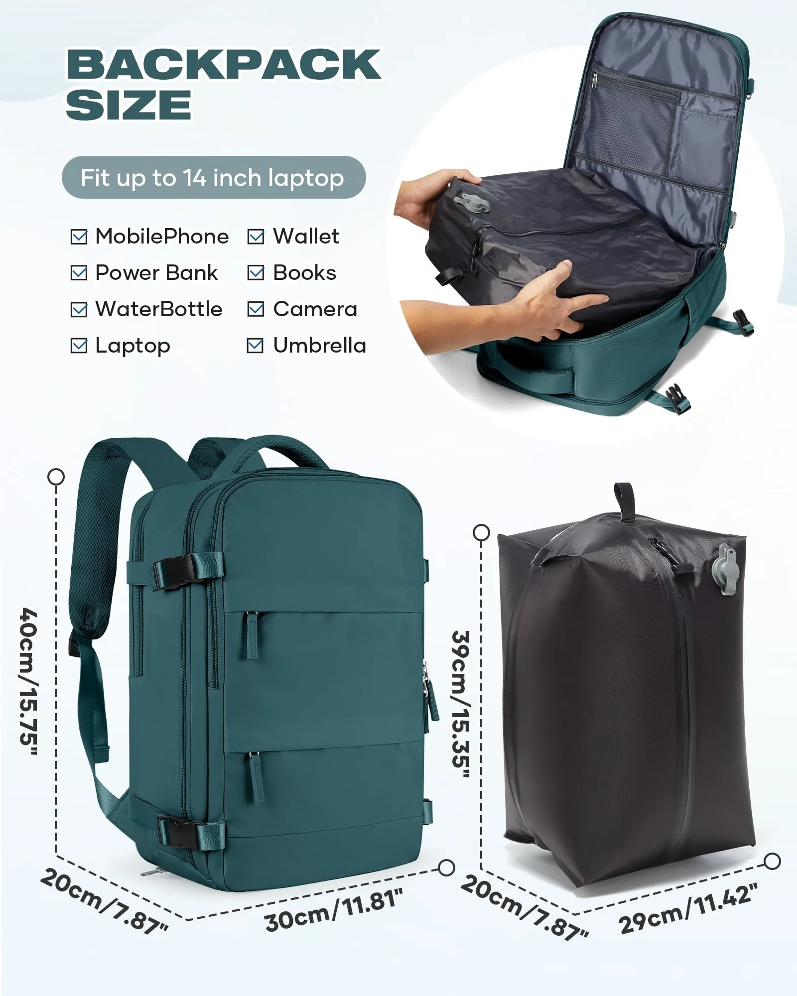 SZLX Zaino da Viaggio Sottovuoto con Pompa per Ryanair 40x30x20, Wizzair, Easyjet, scomparto Laptop 14 Pollici e Porta Scarpe - immagine 5