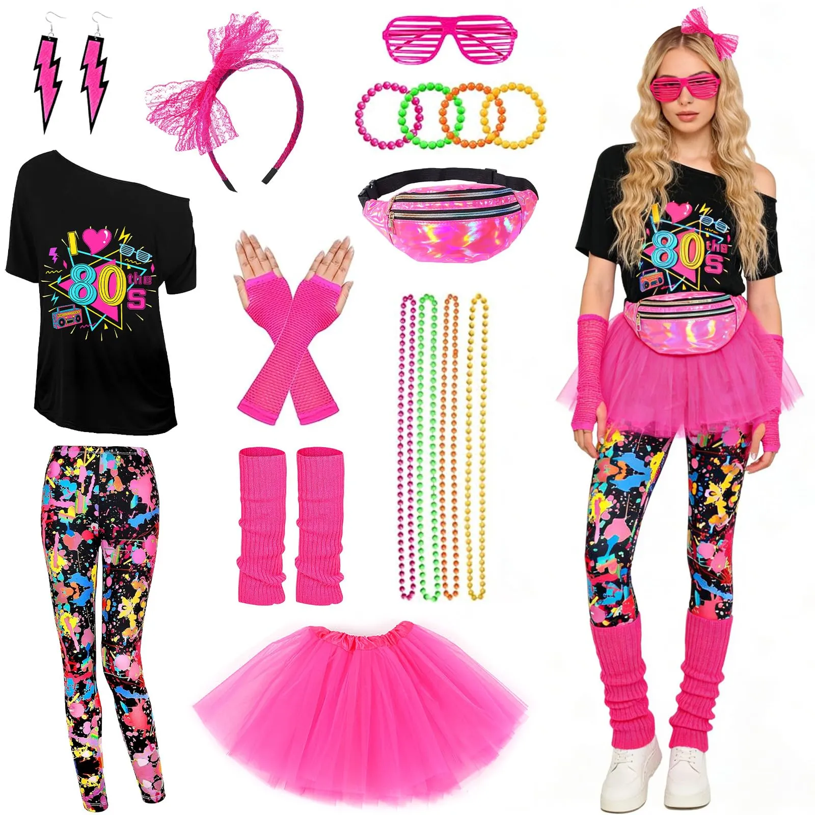 DAZZTIME Costume Donna Anni 80 e 90 Set Accessori Discoteca con T-shirt e Marsupio - immagine 1