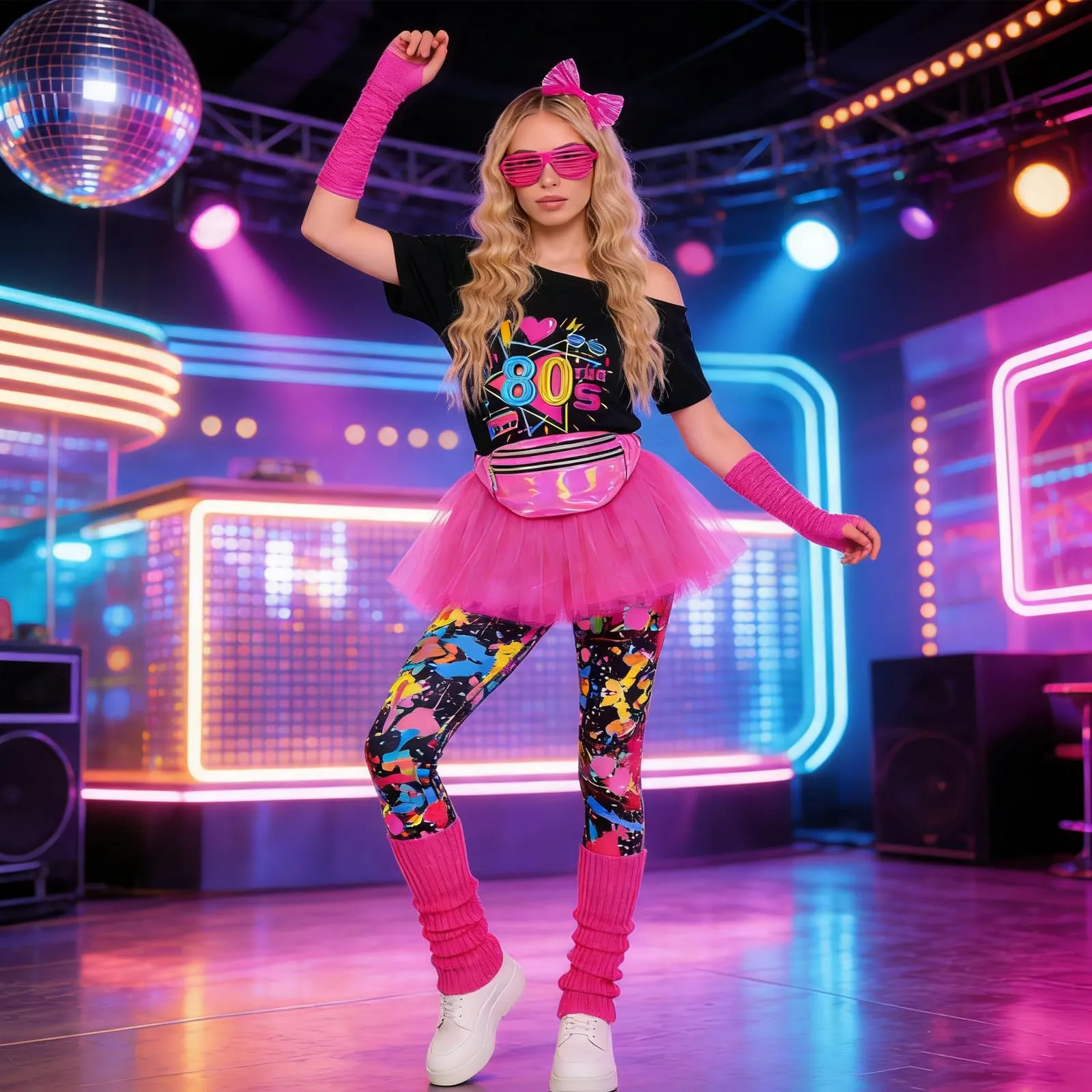 DAZZTIME Costume Donna Anni 80 e 90 Set Accessori Discoteca con T-shirt e Marsupio - immagine 5