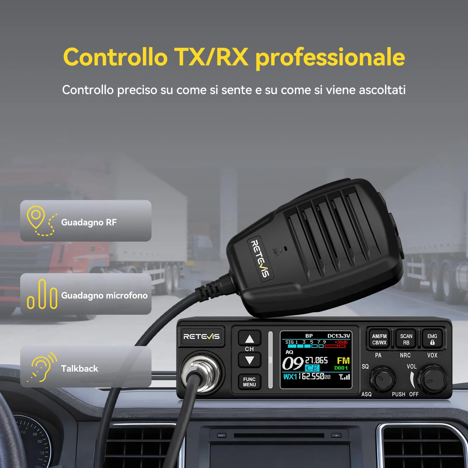 Retevis MB63B CB Radio con Antenna, 12V/24V, AM/FM, Display TFT Colori, NRC, CTCSS/DCS, VOX, 40 Canali, EMG CH9/19 - immagine 2