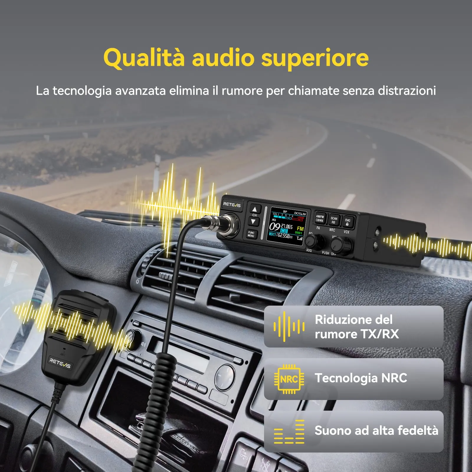 Retevis MB63B CB Radio con Antenna, 12V/24V, AM/FM, Display TFT Colori, NRC, CTCSS/DCS, VOX, 40 Canali, EMG CH9/19 - immagine 3