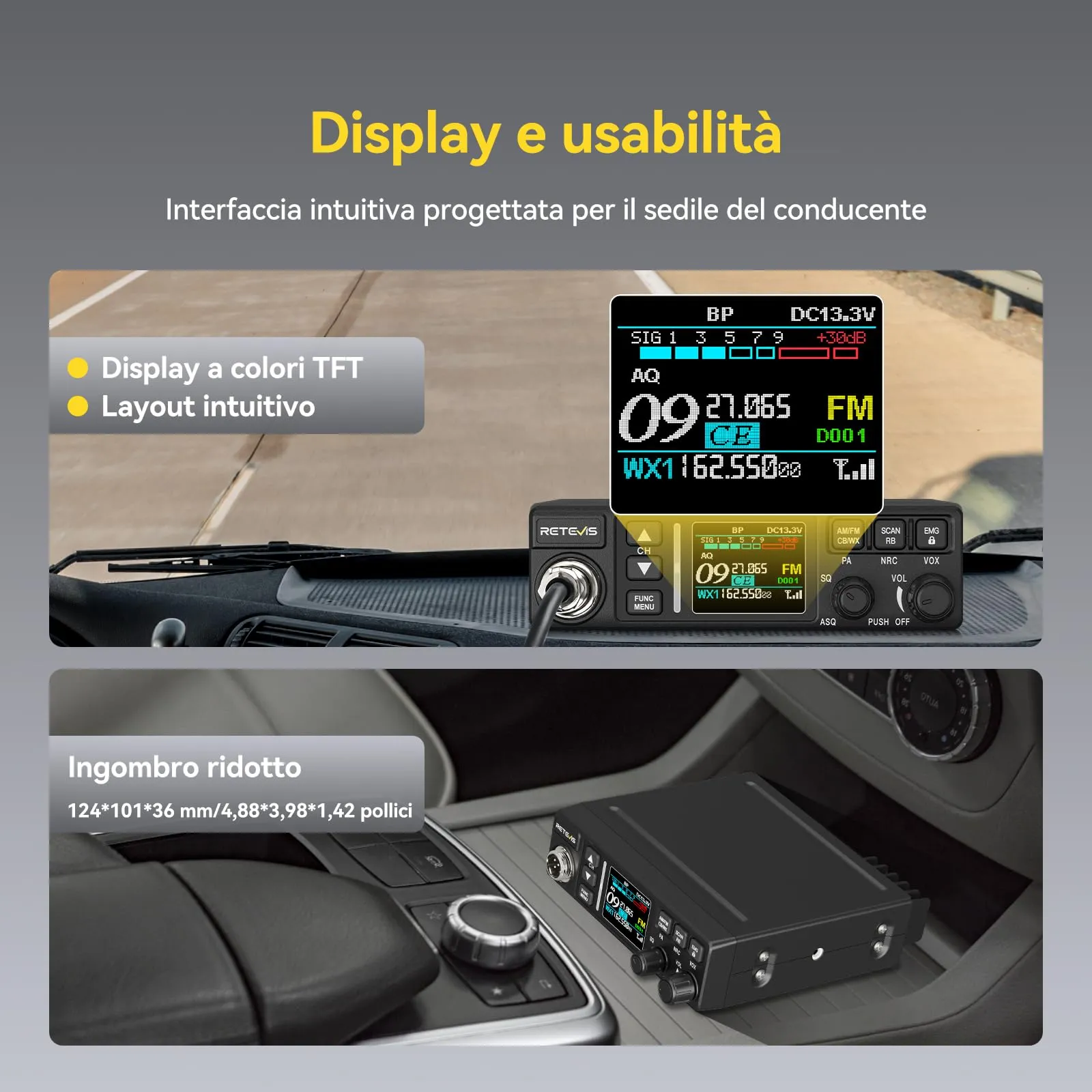Retevis MB63B CB Radio con Antenna, 12V/24V, AM/FM, Display TFT Colori, NRC, CTCSS/DCS, VOX, 40 Canali, EMG CH9/19 - immagine 4