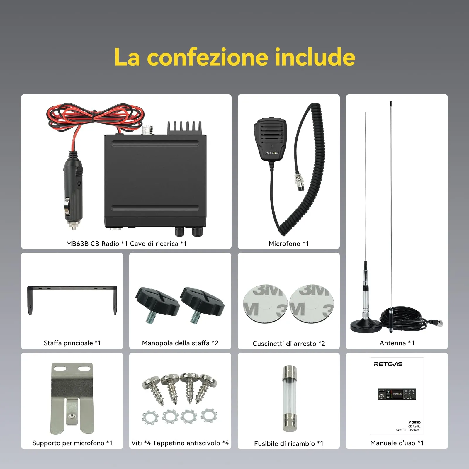 Retevis MB63B CB Radio con Antenna, 12V/24V, AM/FM, Display TFT Colori, NRC, CTCSS/DCS, VOX, 40 Canali, EMG CH9/19 - immagine 9