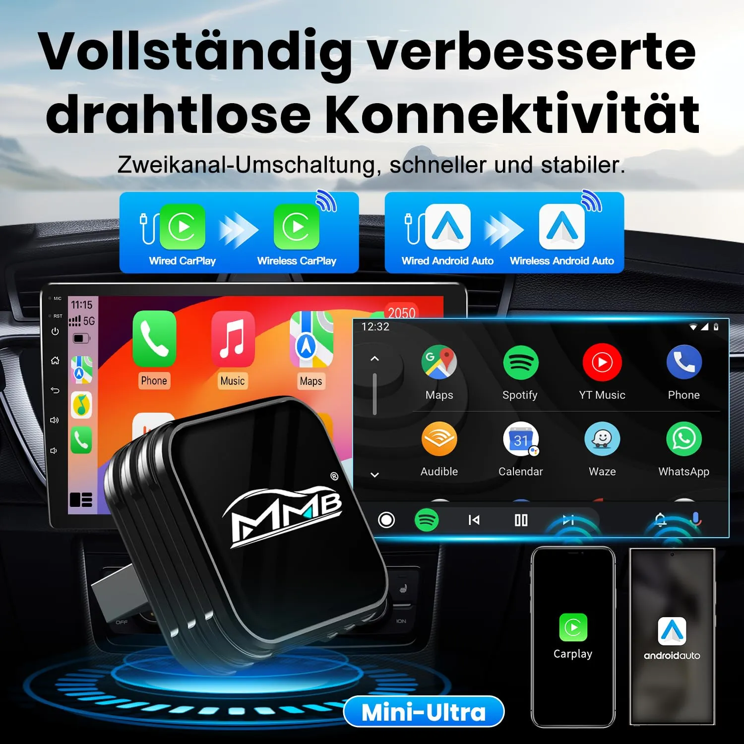 MMB CP-Ultra Adattatore Wireless CarPlay e Android Auto 2 in 1, Wi-Fi 6, Bluetooth 5.4, Nero - immagine 2