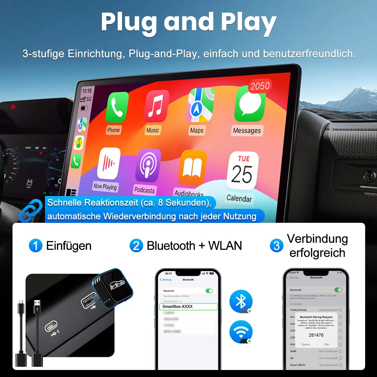 MMB CP-Ultra Adattatore Wireless CarPlay e Android Auto 2 in 1, Wi-Fi 6, Bluetooth 5.4, Nero - immagine 3
