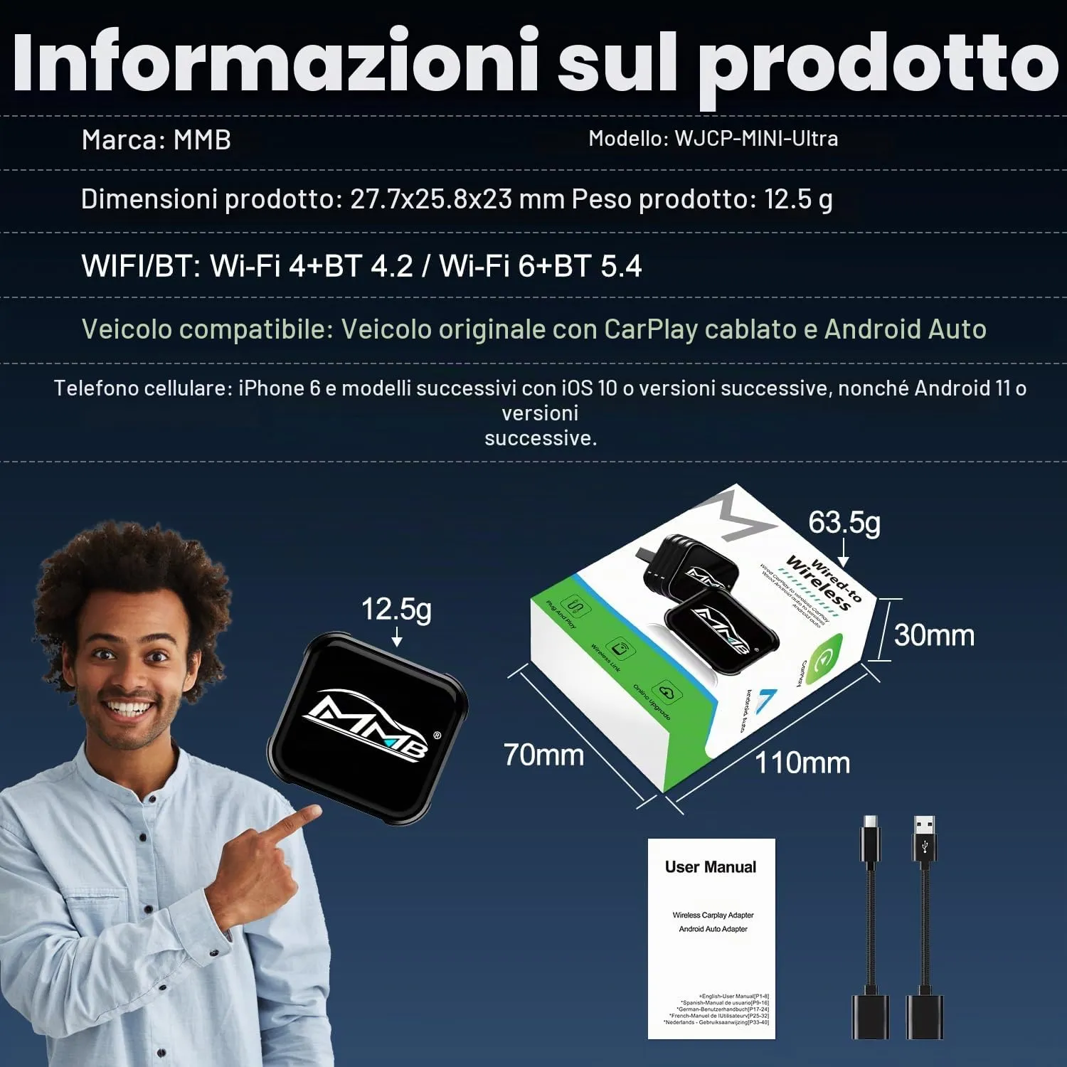 MMB CP-Ultra Adattatore Wireless CarPlay e Android Auto 2 in 1, Wi-Fi 6, Bluetooth 5.4, Nero - immagine 8