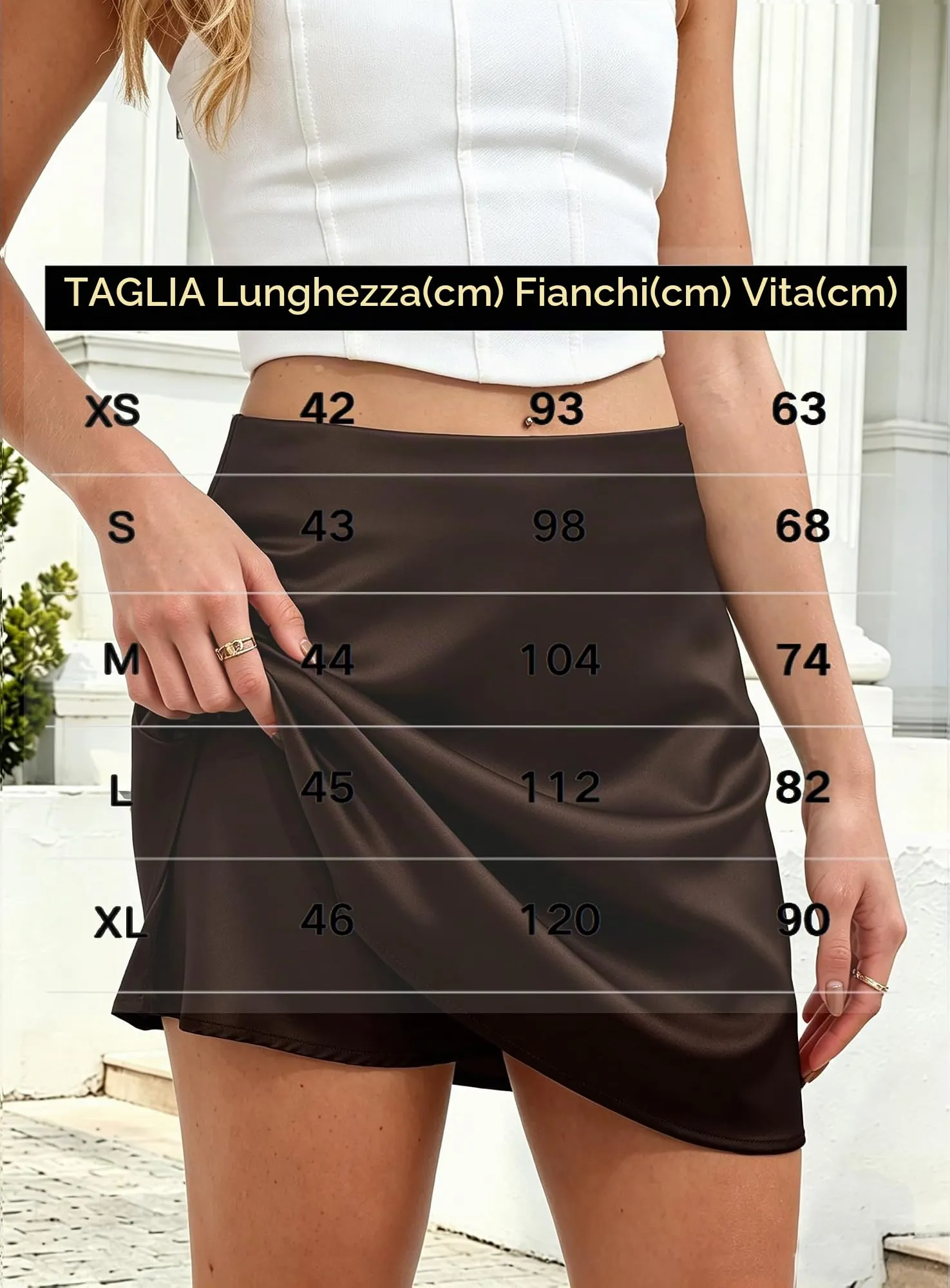 Vossmi Gonna in Raso Vita Alta A-Line Marrone, XS - immagine 6