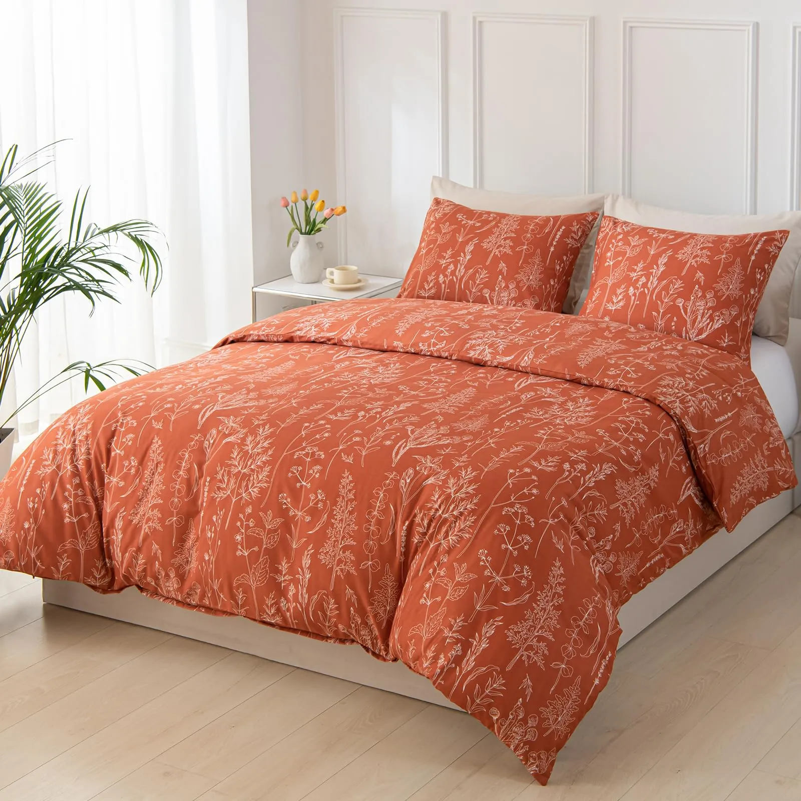 Tokokimo Set Copripiumino Matrimoniale 240x220 cm con 2 Federe 50x80 cm, Microfibra, Stile Rami e Foglie, Salvia Rossa - immagine 2