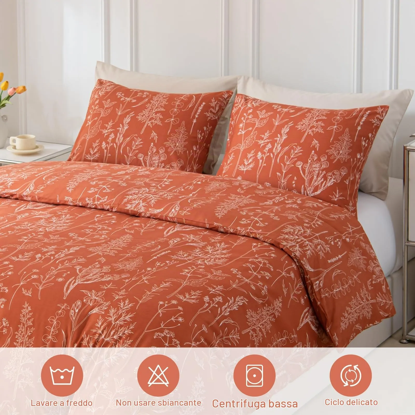 Tokokimo Set Copripiumino Matrimoniale 240x220 cm con 2 Federe 50x80 cm, Microfibra, Stile Rami e Foglie, Salvia Rossa - immagine 5