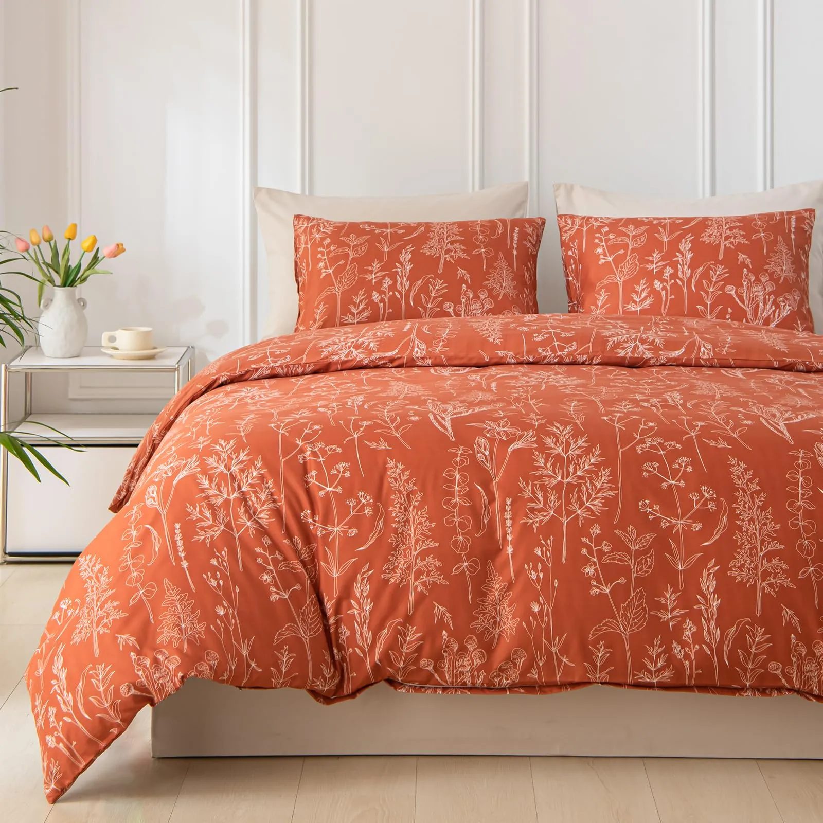 Tokokimo Set Copripiumino Matrimoniale 240x220 cm con 2 Federe 50x80 cm, Microfibra, Stile Rami e Foglie, Salvia Rossa - immagine 8