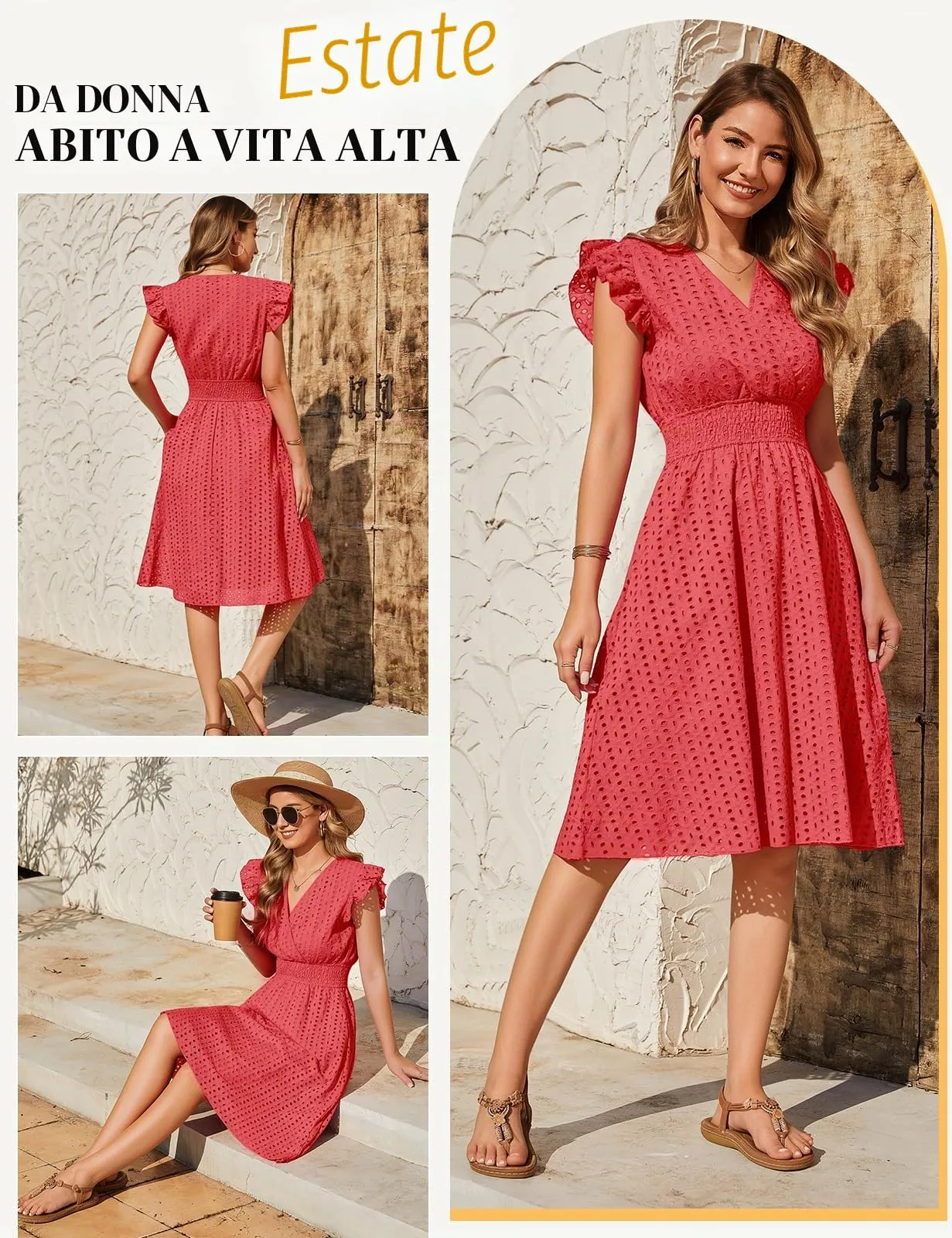 PASUDA Abito Estivo Donna in Cotone Scollo a V Senza Maniche con Volant e Tasche, Jacquard, Rosso, XXL - immagine 3
