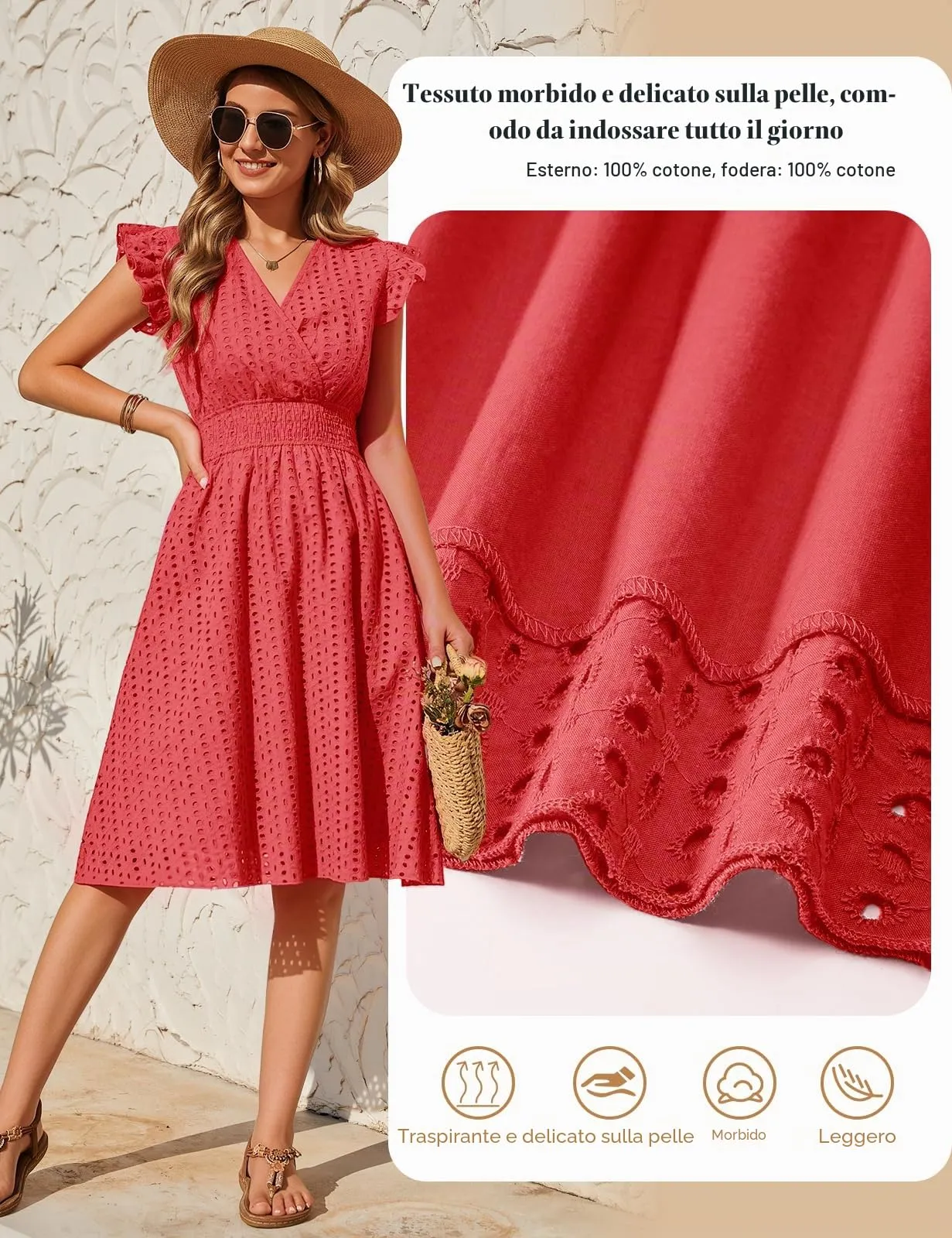 PASUDA Abito Estivo Donna in Cotone Scollo a V Senza Maniche con Volant e Tasche, Jacquard, Rosso, XXL - immagine 5