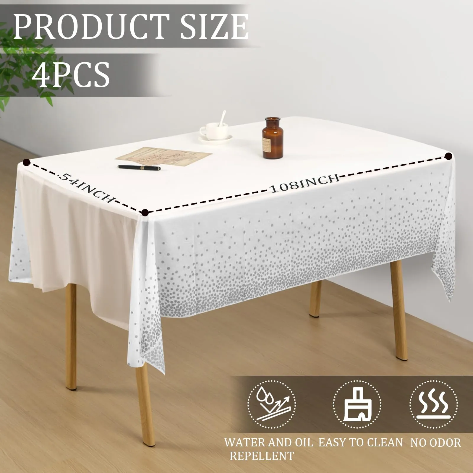 YAAVAAW Tovaglie in plastica a pois bianchi e argento per tavoli rettangolari, 137 x 274 cm, confezione da 4, usa e getta - immagine 2