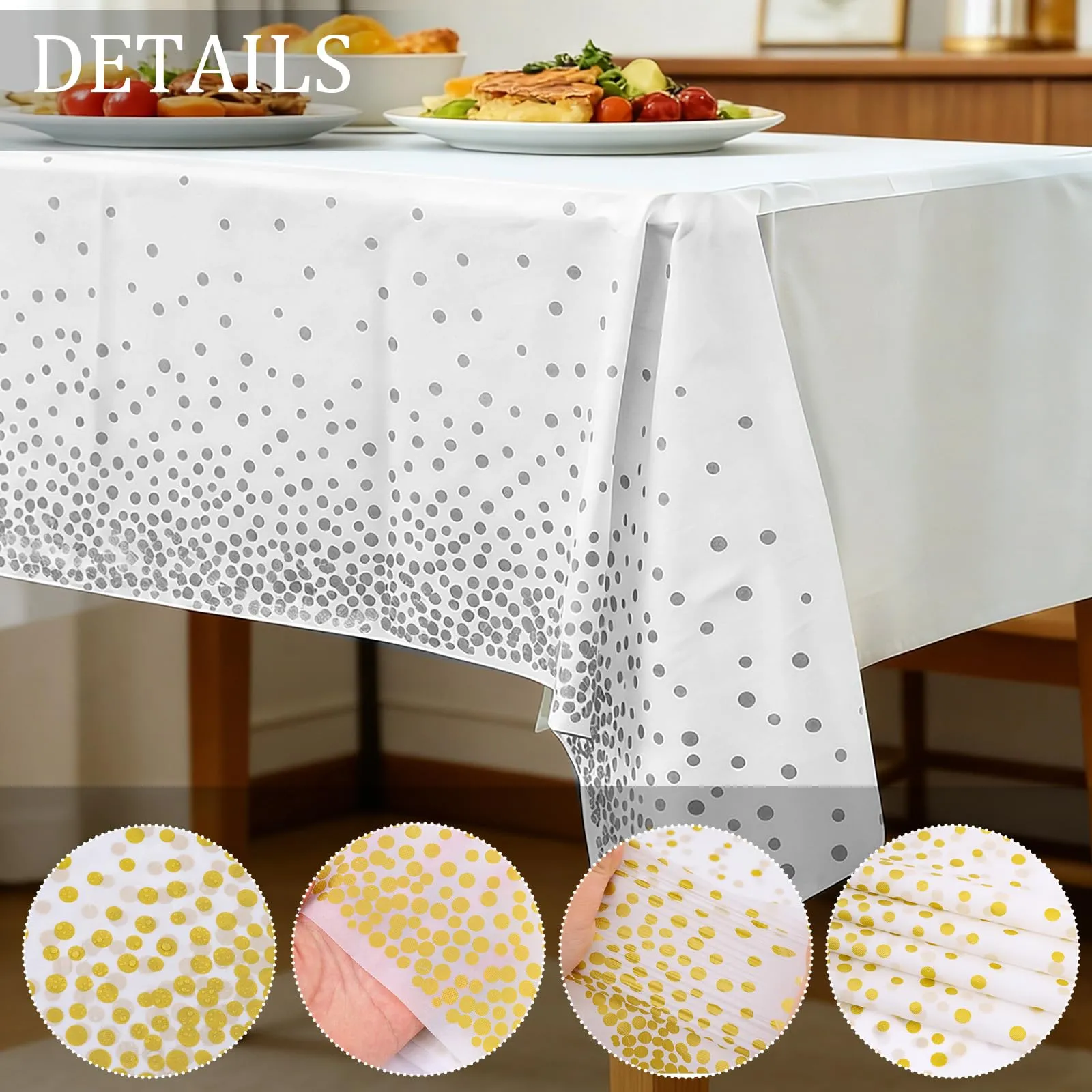 YAAVAAW Tovaglie in plastica a pois bianchi e argento per tavoli rettangolari, 137 x 274 cm, confezione da 4, usa e getta - immagine 3