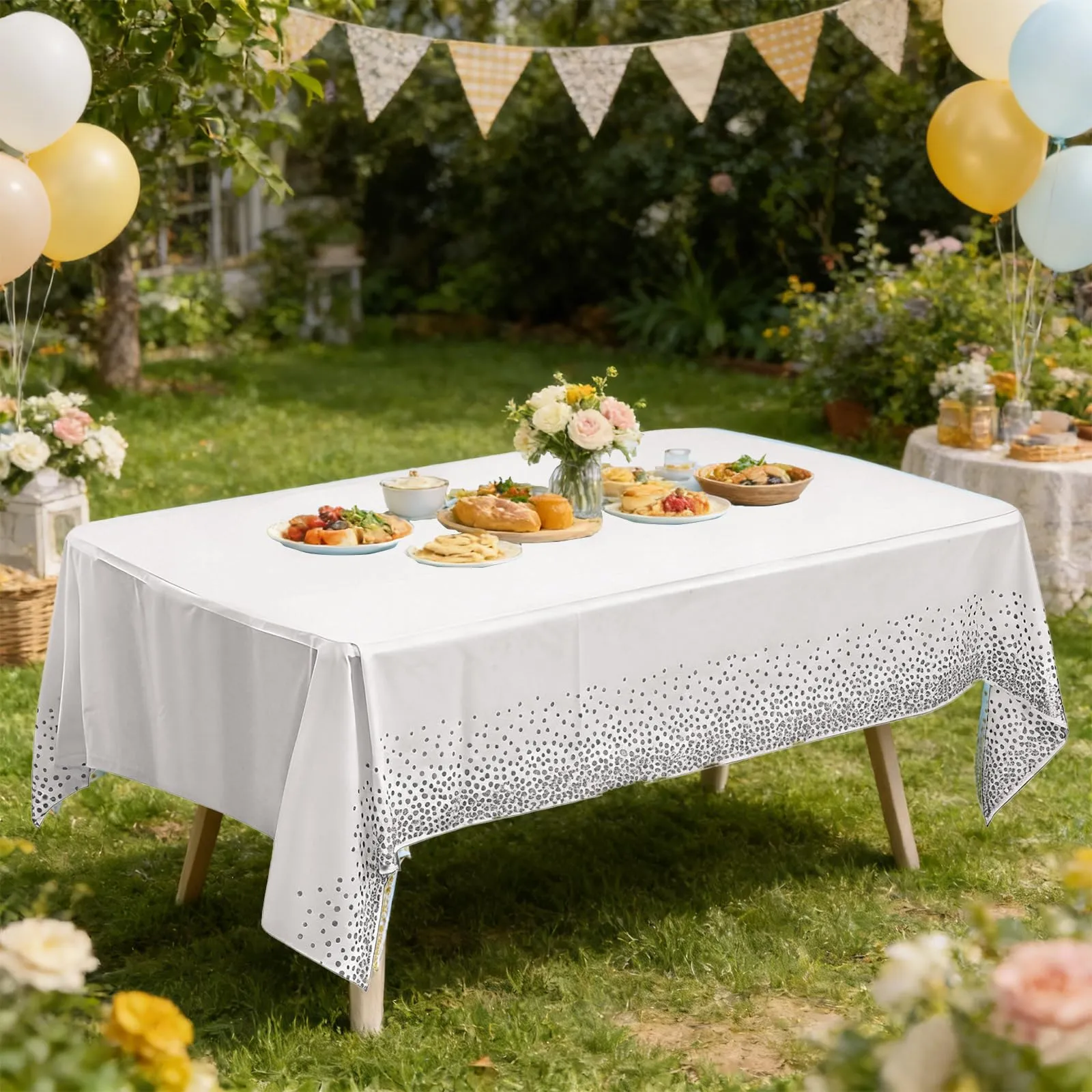 YAAVAAW Tovaglie in plastica a pois bianchi e argento per tavoli rettangolari, 137 x 274 cm, confezione da 4, usa e getta - immagine 6