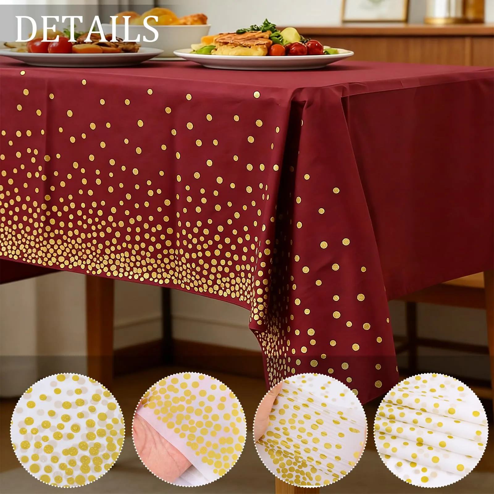 YAAVAAW Tovaglie in Plastica Rettangolari a Pois Bordeaux e Oro, 137 x 274 cm, Set da 4, Usa e Getta - immagine 3